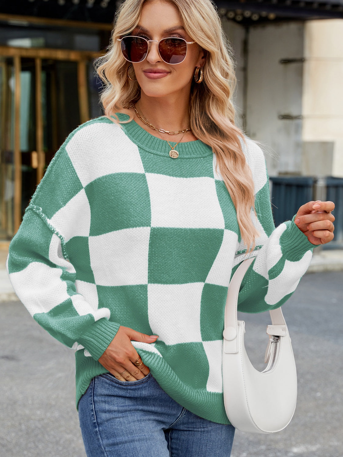 Checkered Round Neck Long Sleeve Sweater-TOPS / DRESSES-[Adult]-[Female]-2022 Online Blue Zone Planet