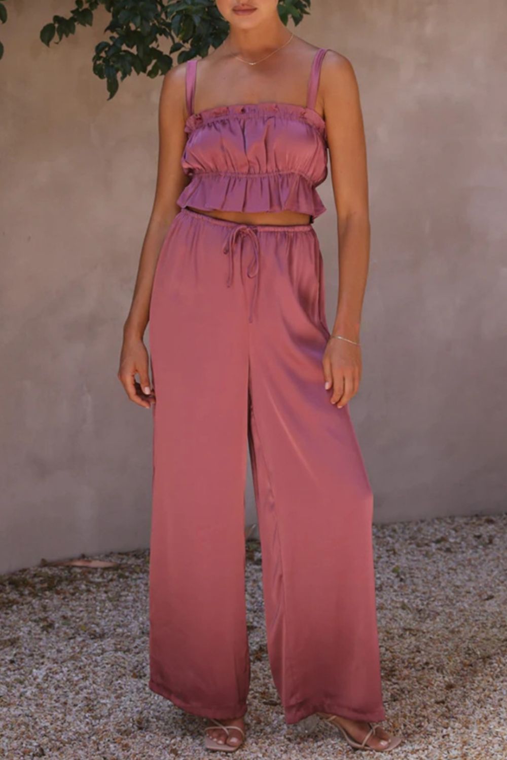 Blue Zone Planet | Ruffled Sleeveless Top and Wide Leg Pants Set-TOPS / DRESSES-[Adult]-[Female]-Deep Rose-S-2022 Online Blue Zone Planet