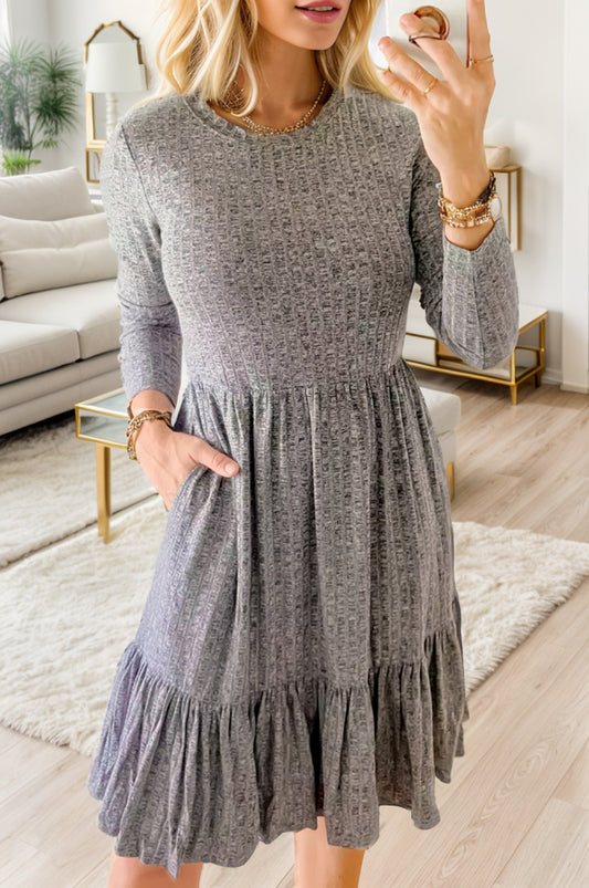 Round Neck Long Sleeve Ruffle Hem Dress-TOPS / DRESSES-[Adult]-[Female]-Gray-S-2022 Online Blue Zone Planet