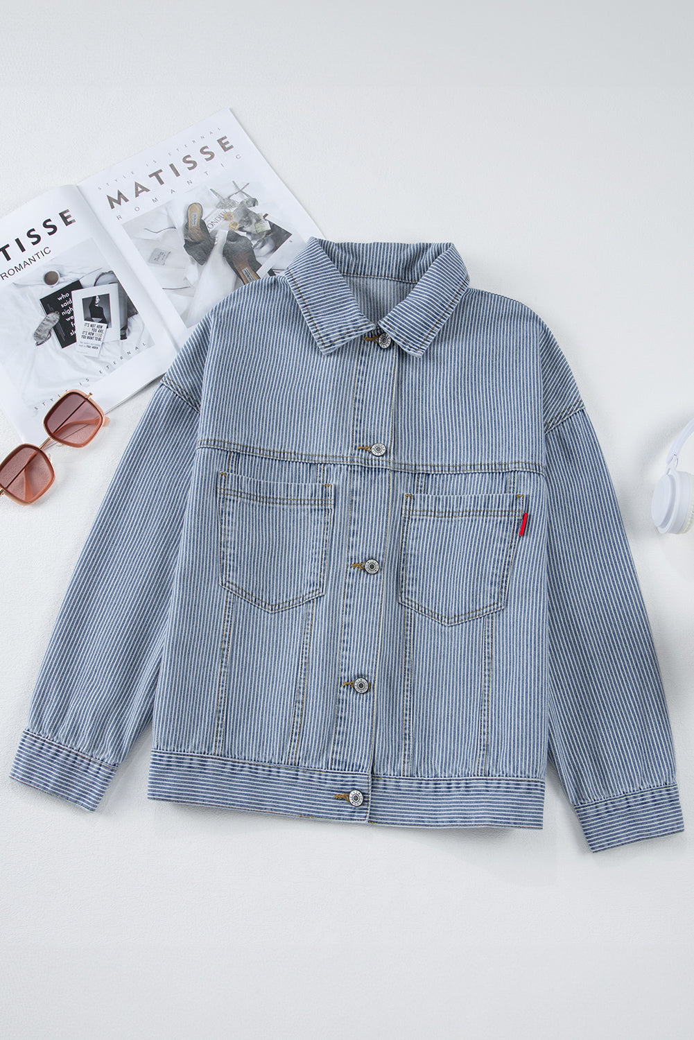 Blue Zone Planet | Sky Blue Stripe Washed Oversized Pocketed Denim Jacket-Jackets-[Adult]-[Female]-2022 Online Blue Zone Planet