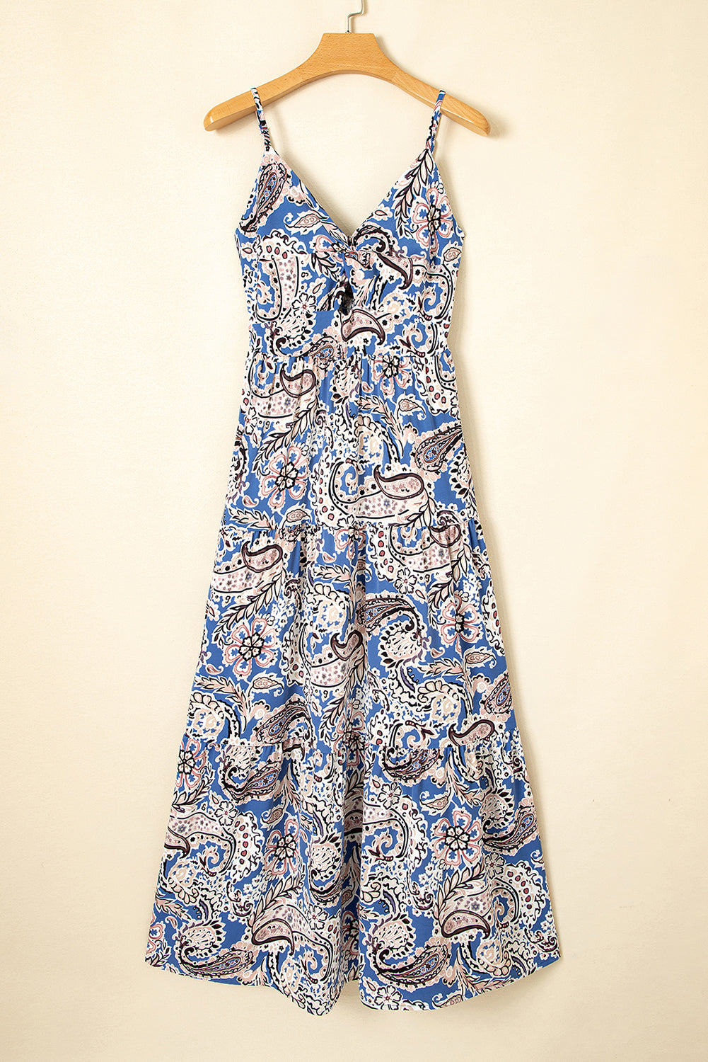 Blue Paisley Print Twist Detail Smocked Back Spaghetti Straps Long Dress-TOPS / DRESSES-[Adult]-[Female]-2022 Online Blue Zone Planet