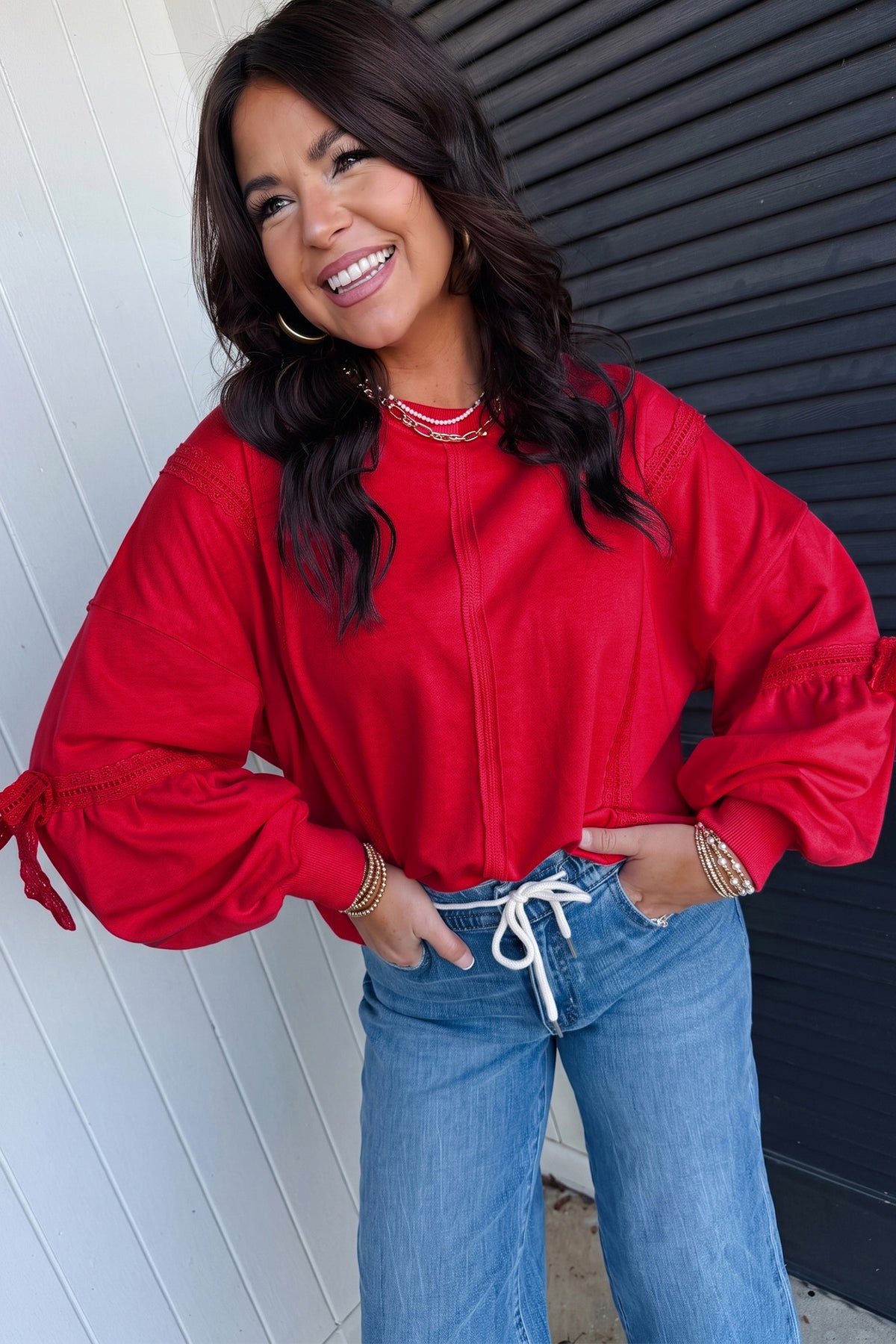Fiery Red Solid Color Raw Seam Lace Detail Loose Casual Sweatshirt-Tops/Sweatshirts & Hoodies-[Adult]-[Female]-2022 Online Blue Zone Planet