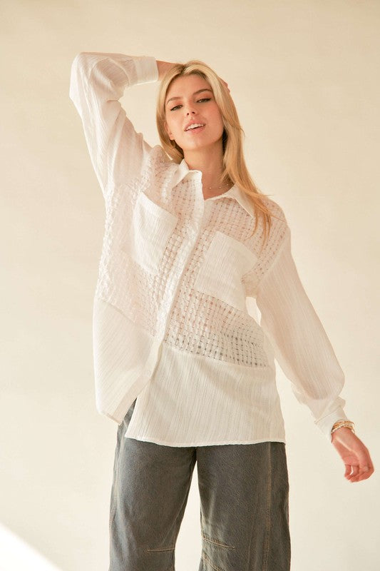 Davi & Dani Crinkled Jacquard Button Down Shirt-TOPS / DRESSES-[Adult]-[Female]-White-S-2022 Online Blue Zone Planet