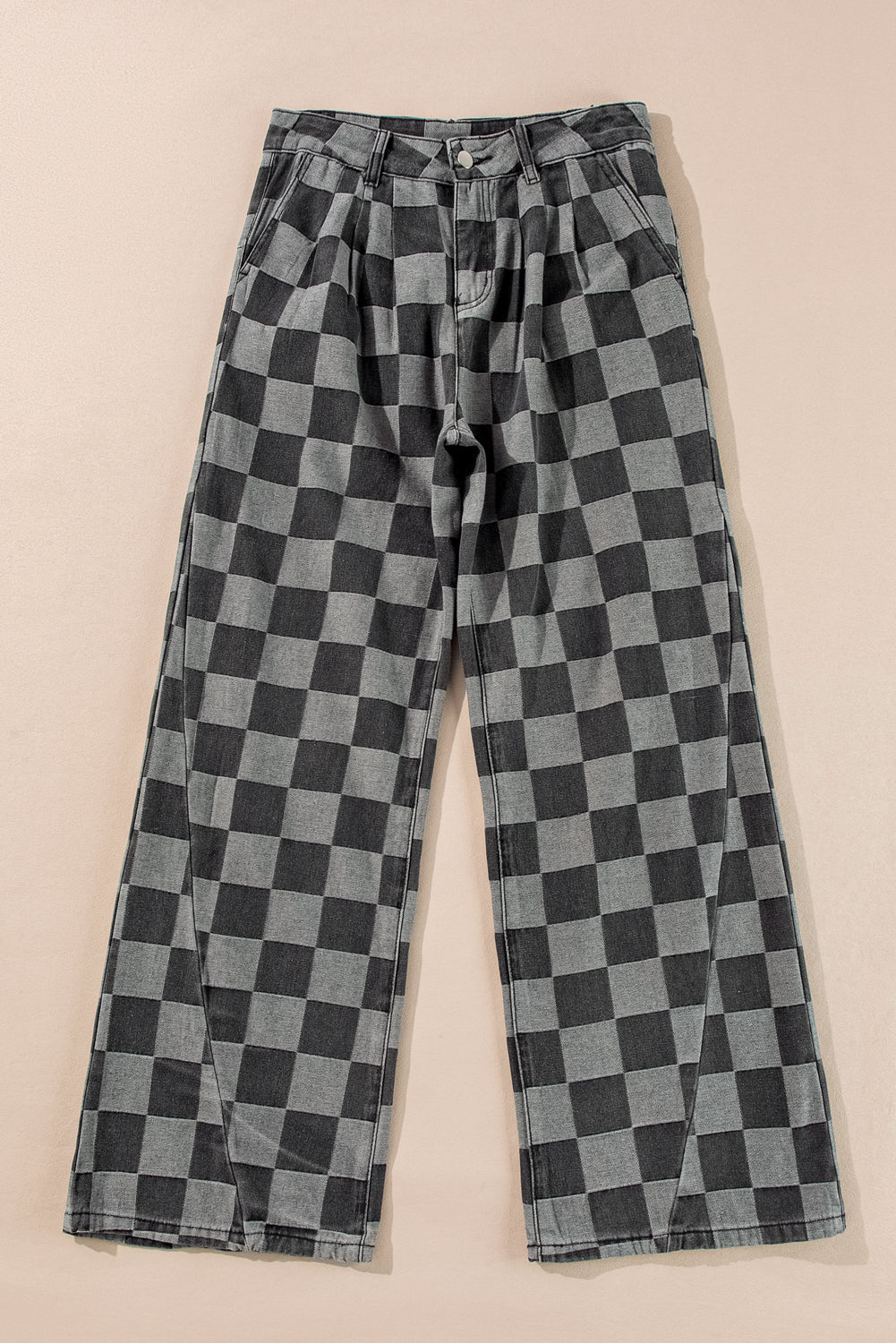 Dusk Blue Checkered Denim Wide Leg Jeans-Bottoms/Jeans-[Adult]-[Female]-2022 Online Blue Zone Planet