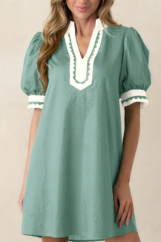 Canton Scallop Color Block Trim Puff Sleeve Mini Dress-Dresses/Mini Dresses-[Adult]-[Female]-Canton-S-2022 Online Blue Zone Planet
