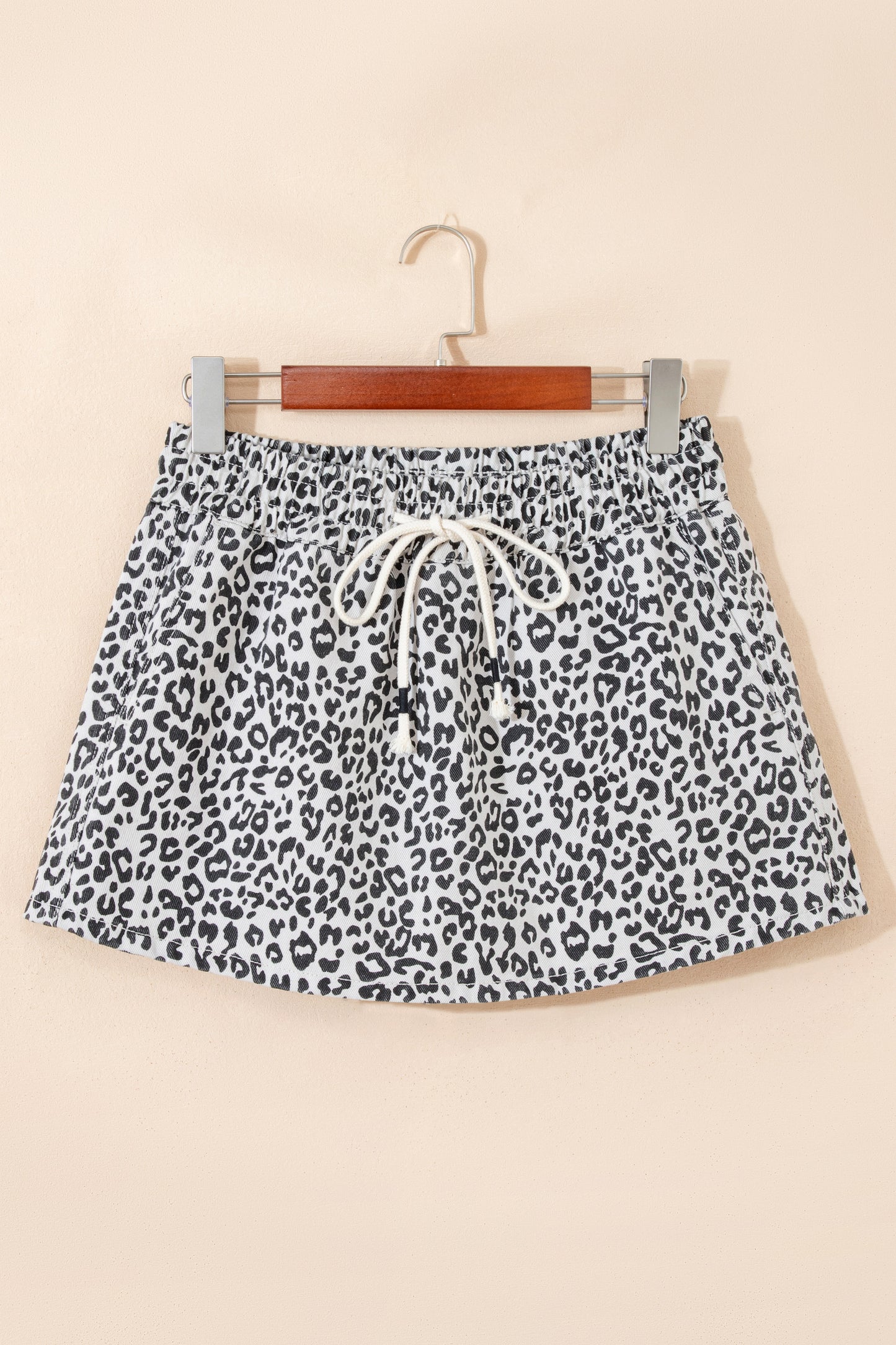 Khaki Leopard Print Tassel Drawstring Casual Denim Skort-Bottoms/Denim Shorts-[Adult]-[Female]-2022 Online Blue Zone Planet