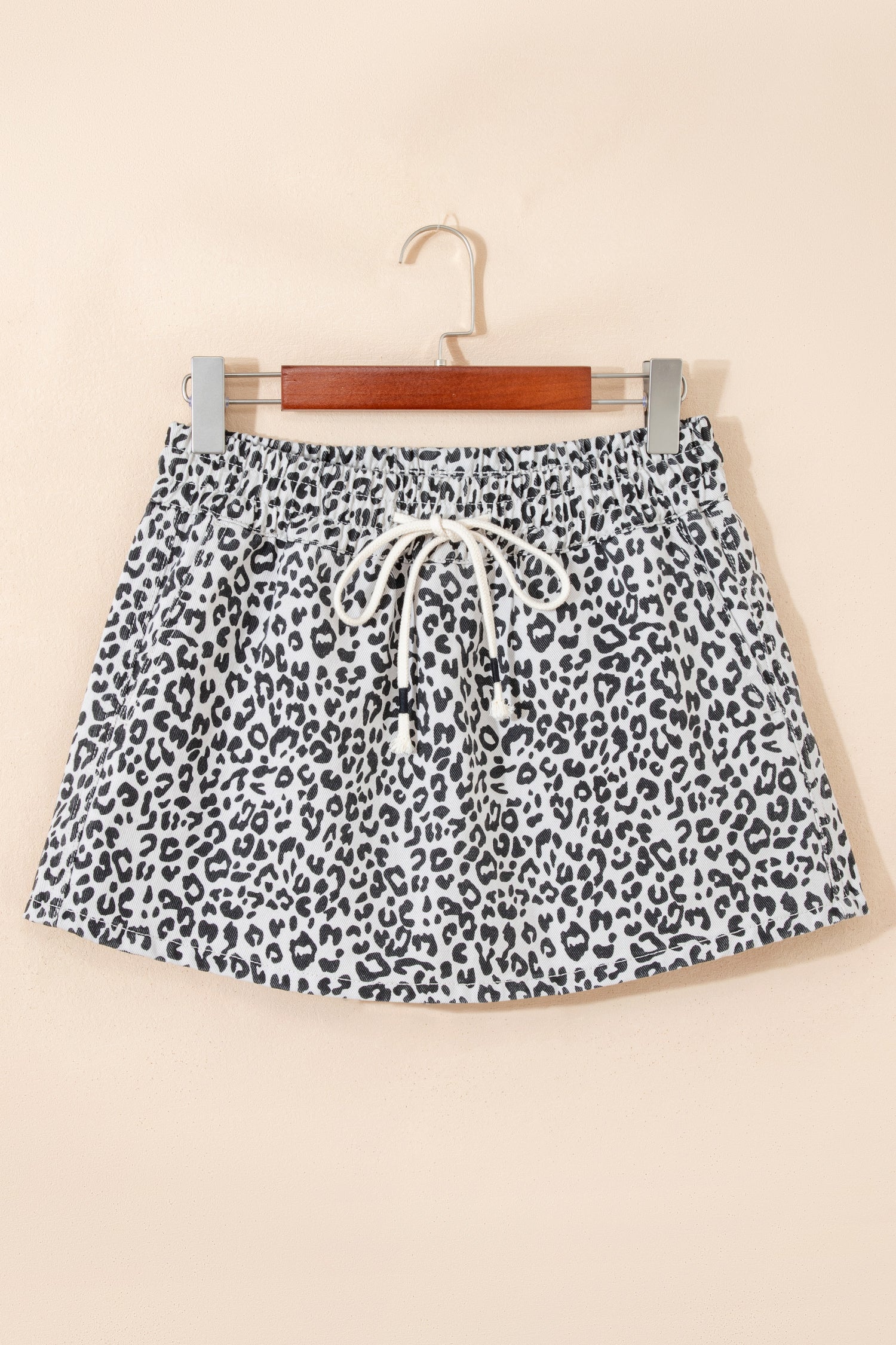 Khaki Leopard Print Tassel Drawstring Casual Denim Skort-Bottoms/Denim Shorts-[Adult]-[Female]-2022 Online Blue Zone Planet