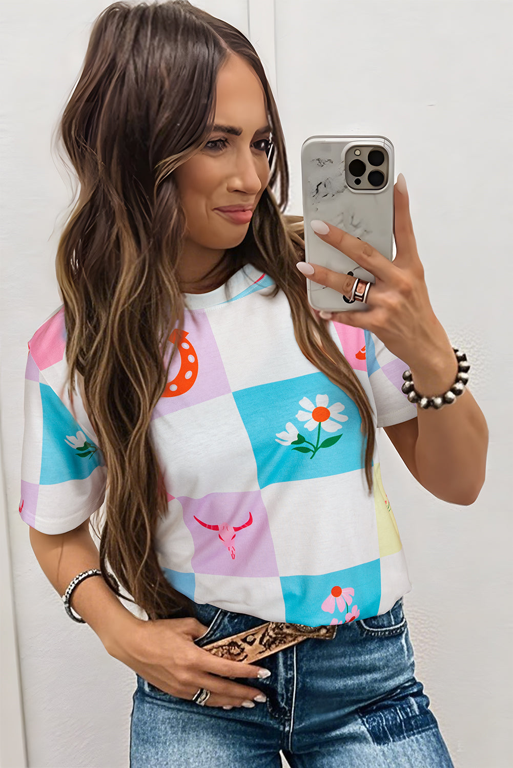 Sky Blue Western Fashion Checker Print Crewneck T Shirt-Tops/Tops & Tees-[Adult]-[Female]-2022 Online Blue Zone Planet