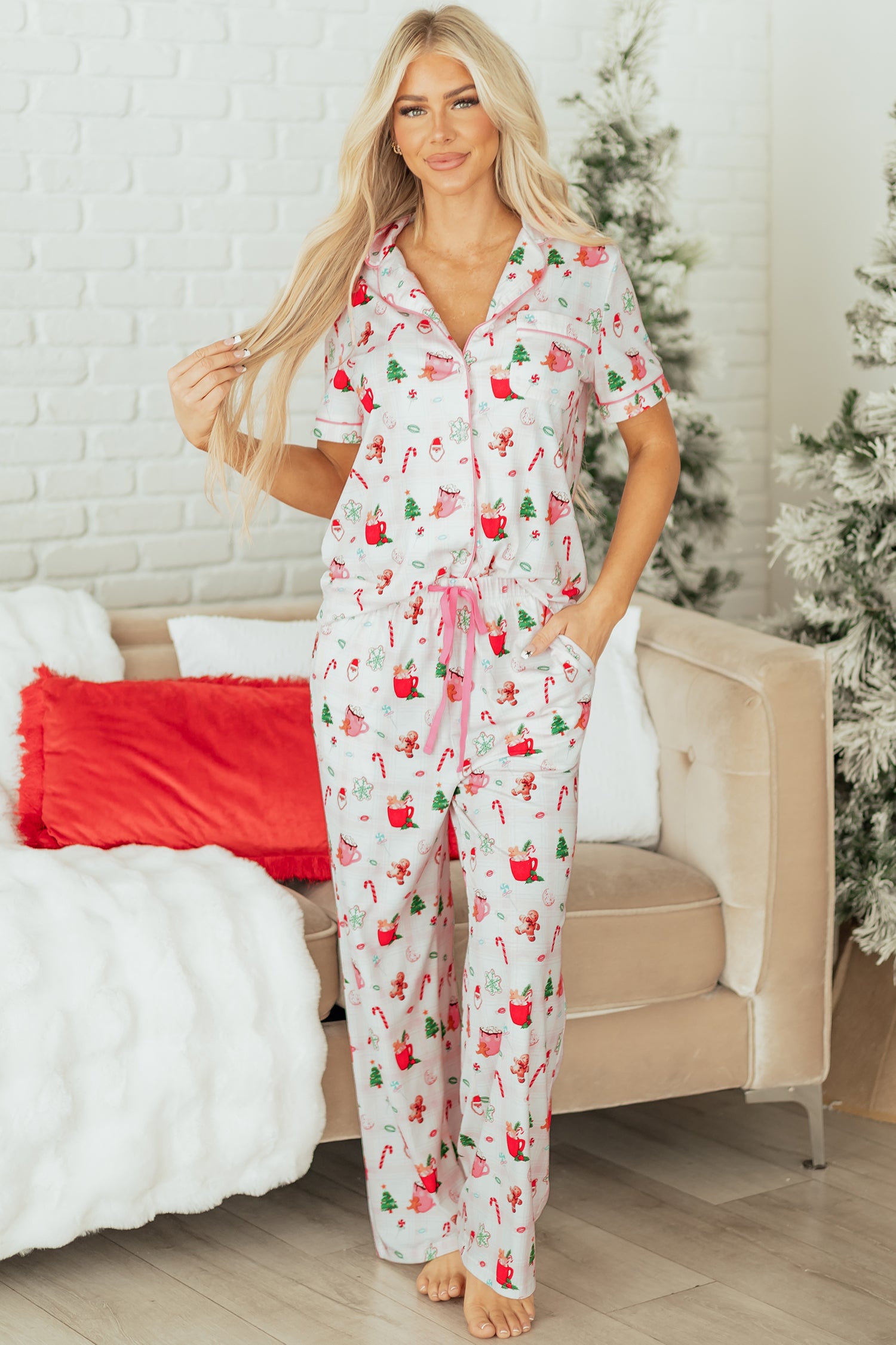 Pink Christmas Spirit Cute Holiday Print Short Sleeve Shirt and Pants 2pcs Pajama Set-Loungewear & Sleepwear/Sleepwear-[Adult]-[Female]-2022 Online Blue Zone Planet