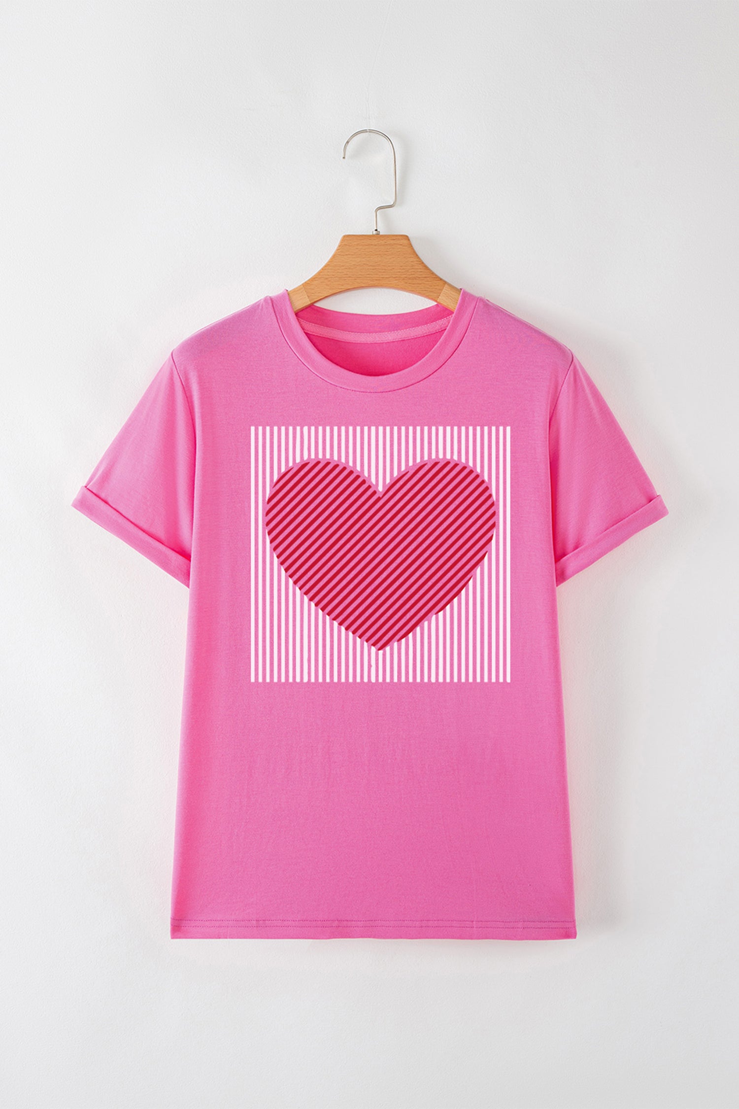 Sachet Pink Contrast Striped Heart Printed Valentines Day T Shirt-Graphic Tees-[Adult]-[Female]-2022 Online Blue Zone Planet