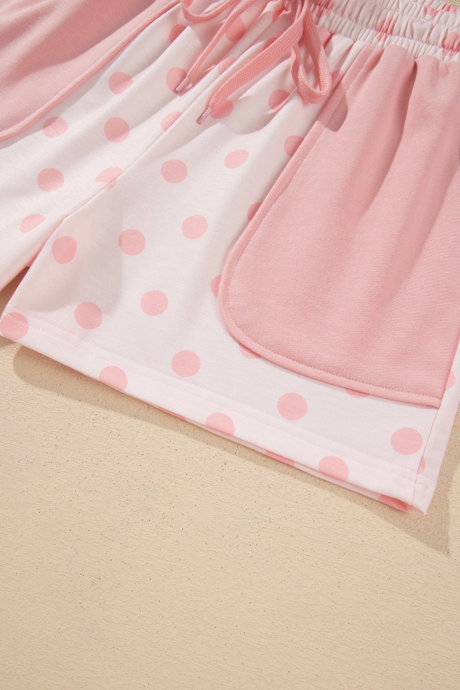 Pink Polka Dot Drop Shoulder Polo Loose Pullover Patch Pocket Casual Shorts Set-Two Piece Sets/Short Sets-[Adult]-[Female]-2022 Online Blue Zone Planet