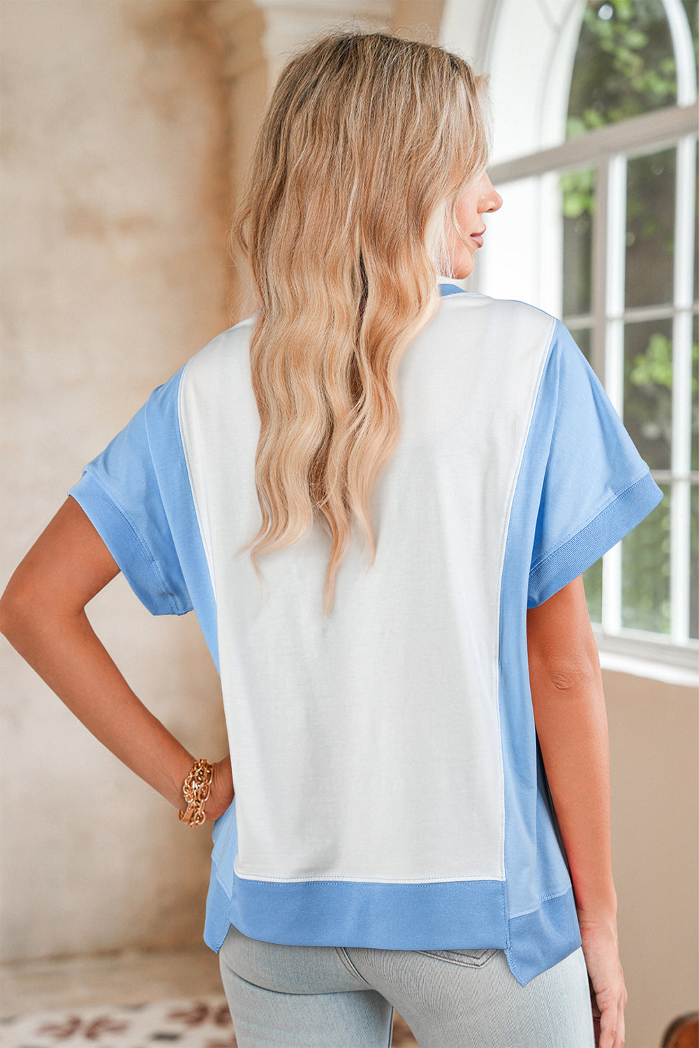 Light Green Colorblock Exposed Seam Patchwork Crew Neck T Shirt-T Shirts-[Adult]-[Female]-2022 Online Blue Zone Planet
