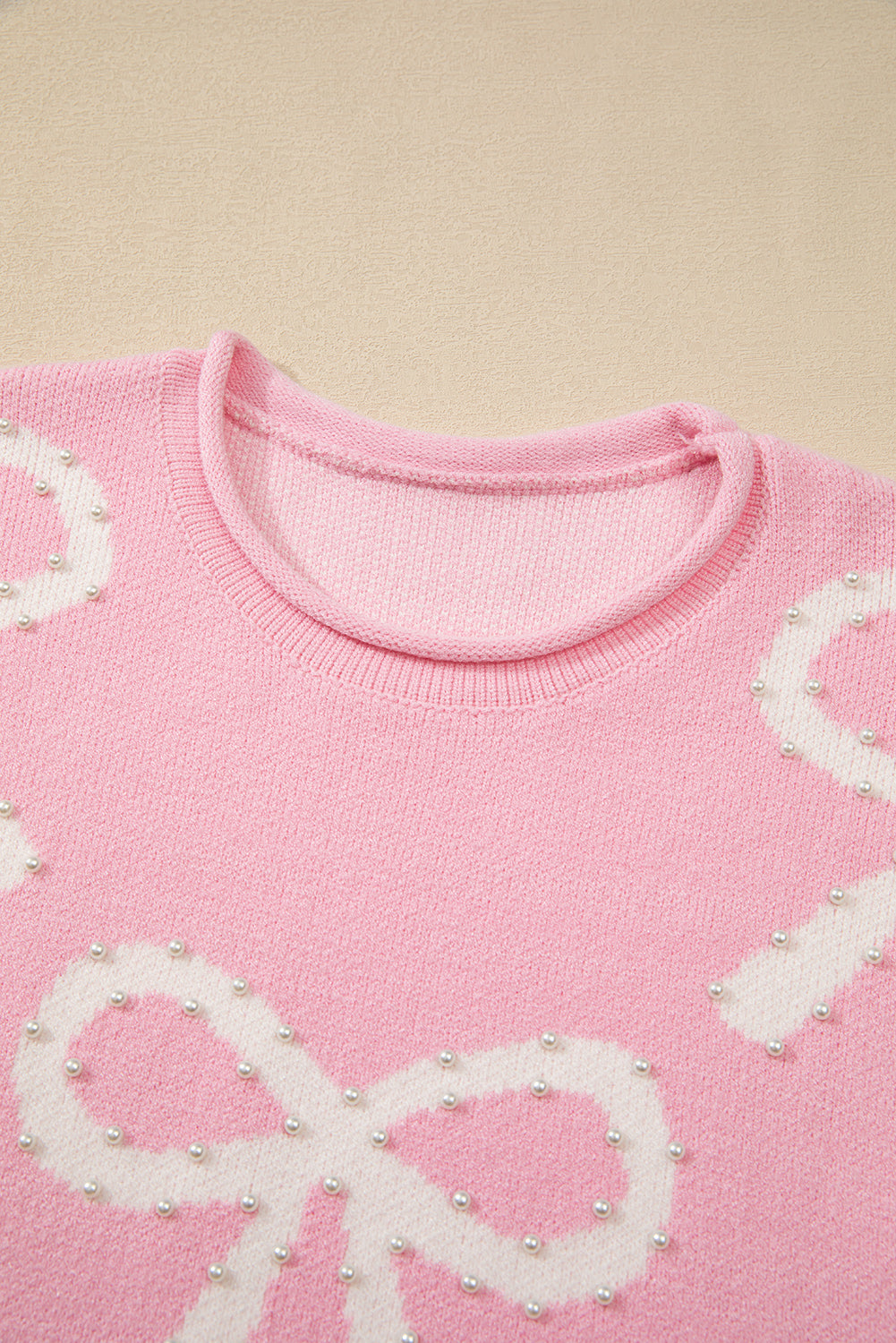 Blue Zone Planet | Pink Bow Pattern Pearl Embellished Raw Hem Sweater-Sweaters-[Adult]-[Female]-2022 Online Blue Zone Planet