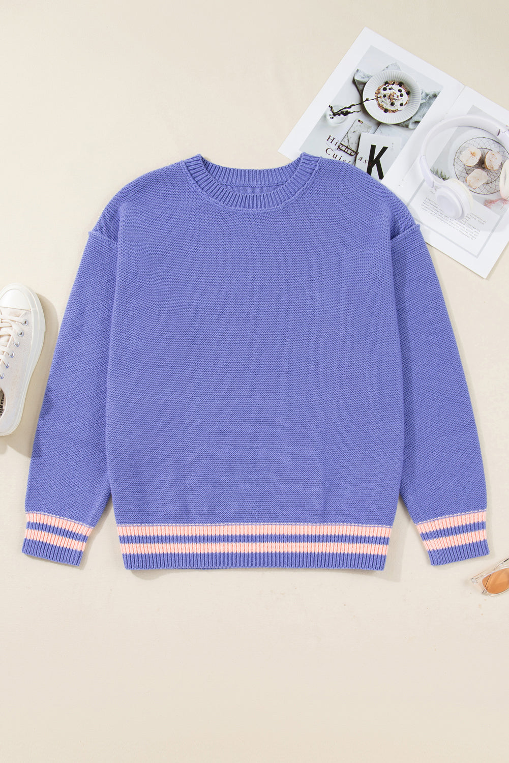 Wisteria Plus Size Striped Trim Drop Shoulder Knit Loose Sweater-TOPS / DRESSES-[Adult]-[Female]-2022 Online Blue Zone Planet