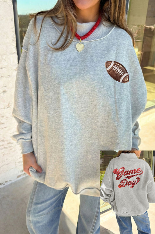 Light Grey Football Patch Sequin Game Day Lettering Mock Neck Tunic Sweatshirt-Graphic/Graphic Sweatshirts-[Adult]-[Female]-Light Grey-S-2022 Online Blue Zone Planet
