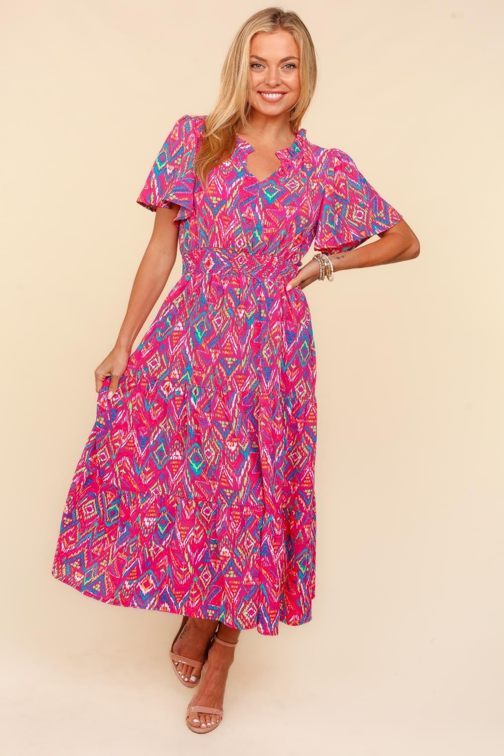 Haptics Abstract Print Smocked Waist Dress with Pockets-TOPS / DRESSES-[Adult]-[Female]-Fuchsia/Mint-S-2022 Online Blue Zone Planet