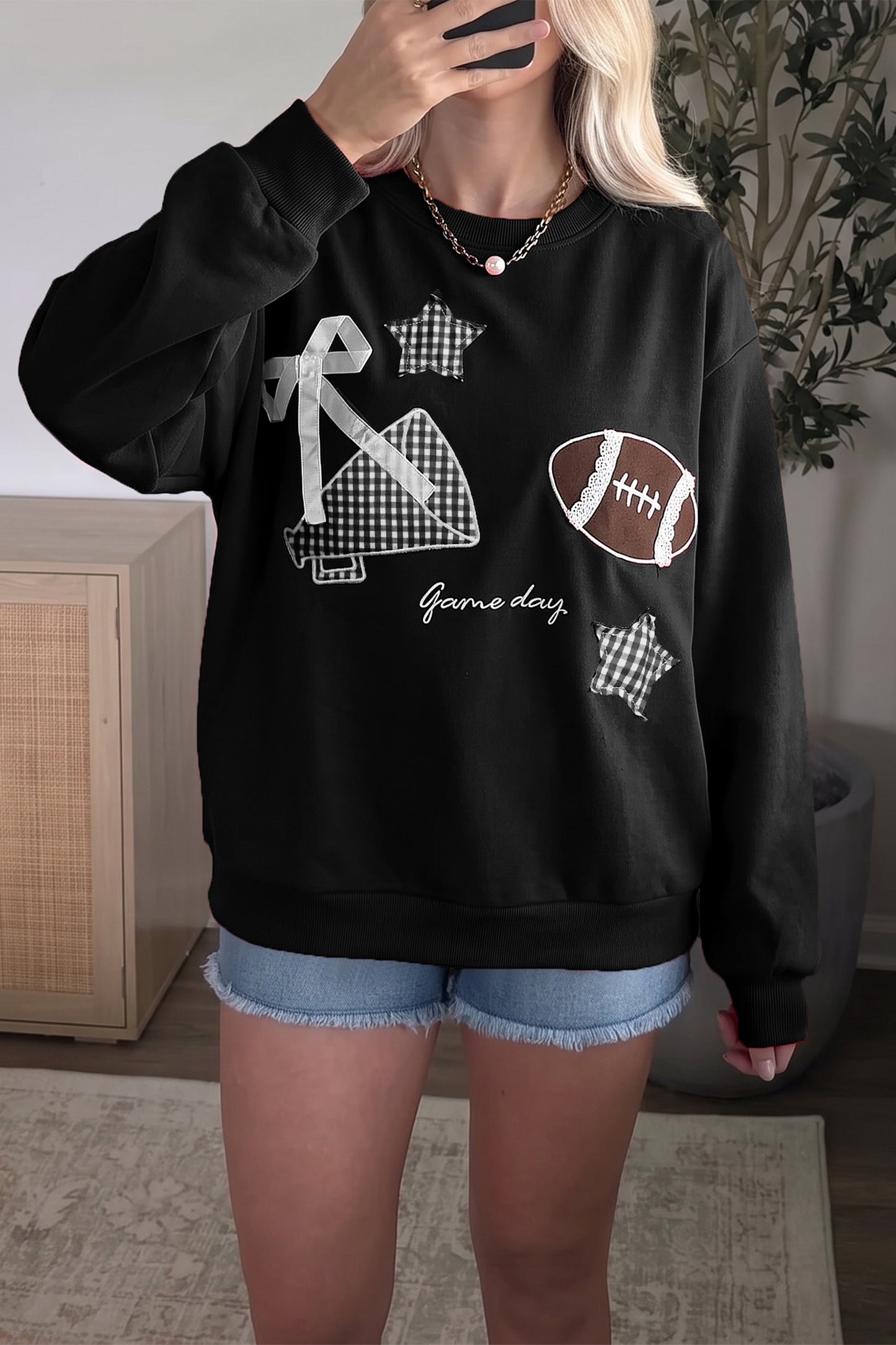 Racing Red Gingham Patch Embroidered Rugby Game Day Stars Sweatshirt