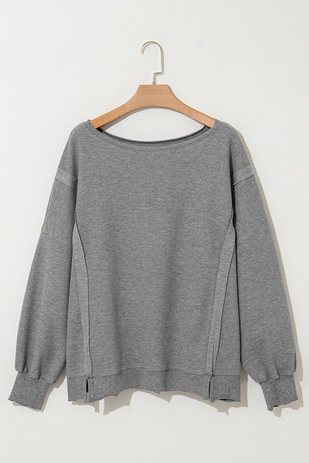 Blue Zone Planet | Gray Knit Bishop Sleeve Split Oversized Sweatshirt-Sweatshirts & Hoodies-[Adult]-[Female]-2022 Online Blue Zone Planet