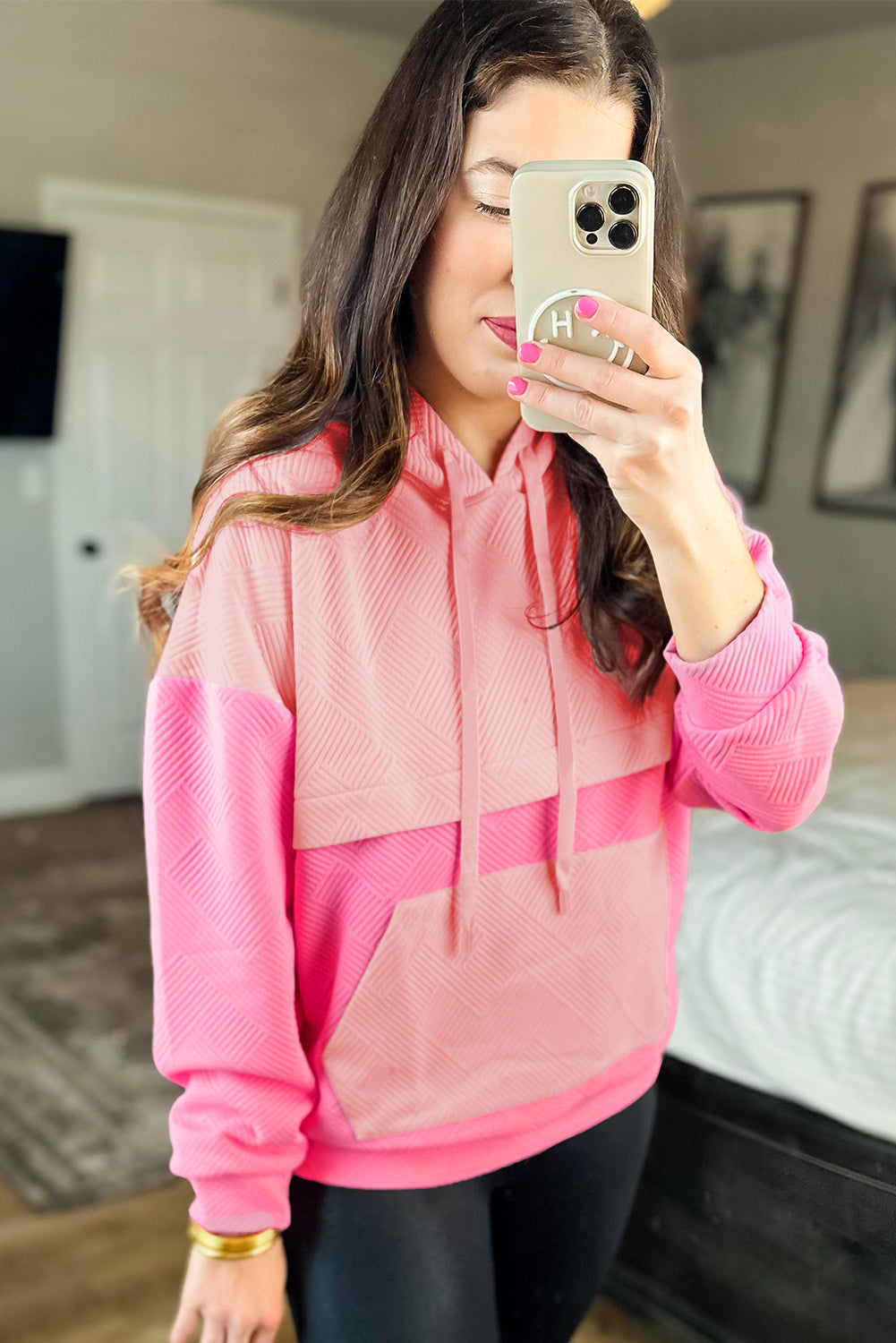 Gray Textured Color Block Kangaroo Pocket Drop Shoulder Hoodie-Tops/Sweatshirts & Hoodies-[Adult]-[Female]-2022 Online Blue Zone Planet