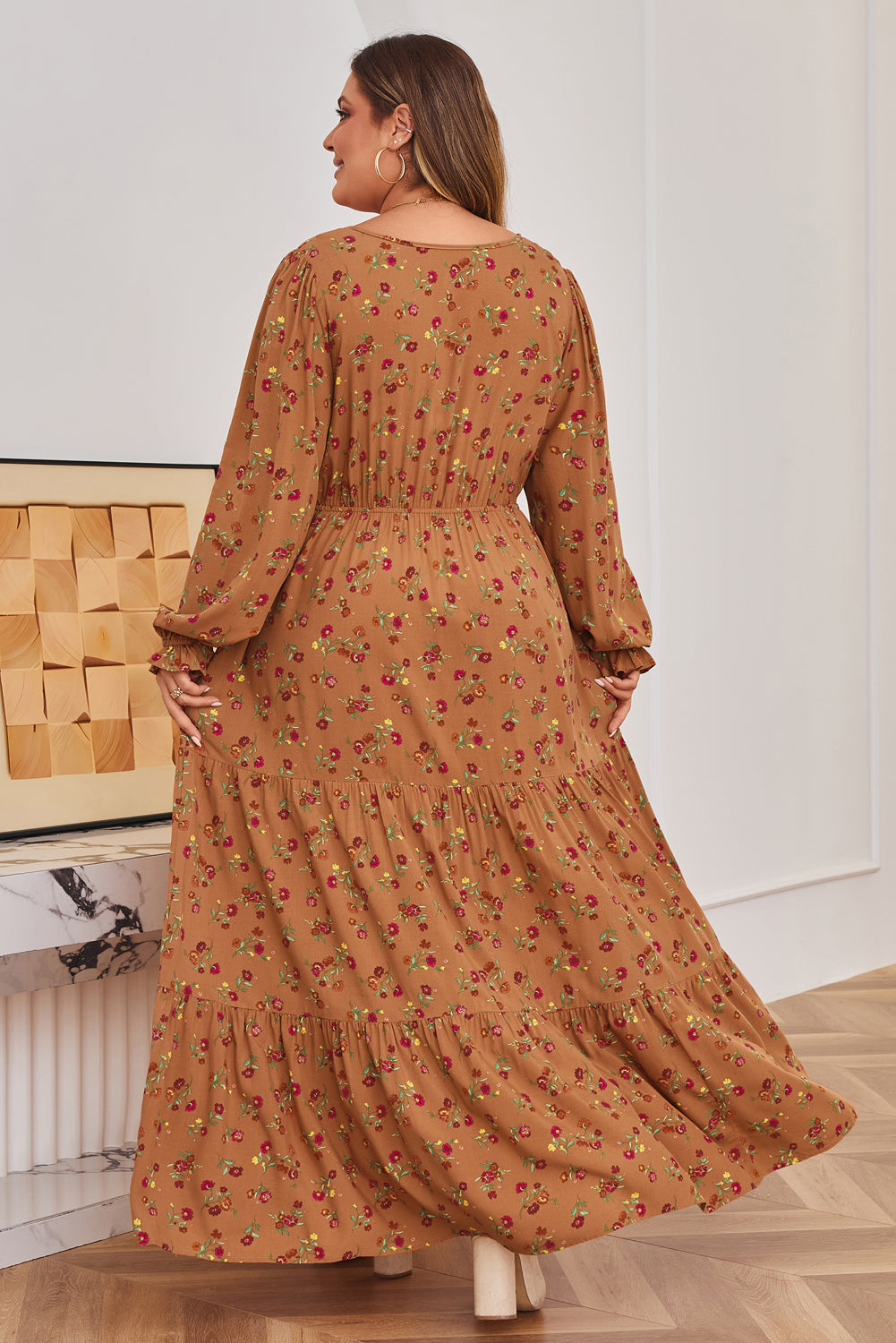 Brown Plus Size Floral Split V Neck Ruffled Sleeve Tiered Maxi Dress-TOPS / DRESSES-[Adult]-[Female]-2022 Online Blue Zone Planet