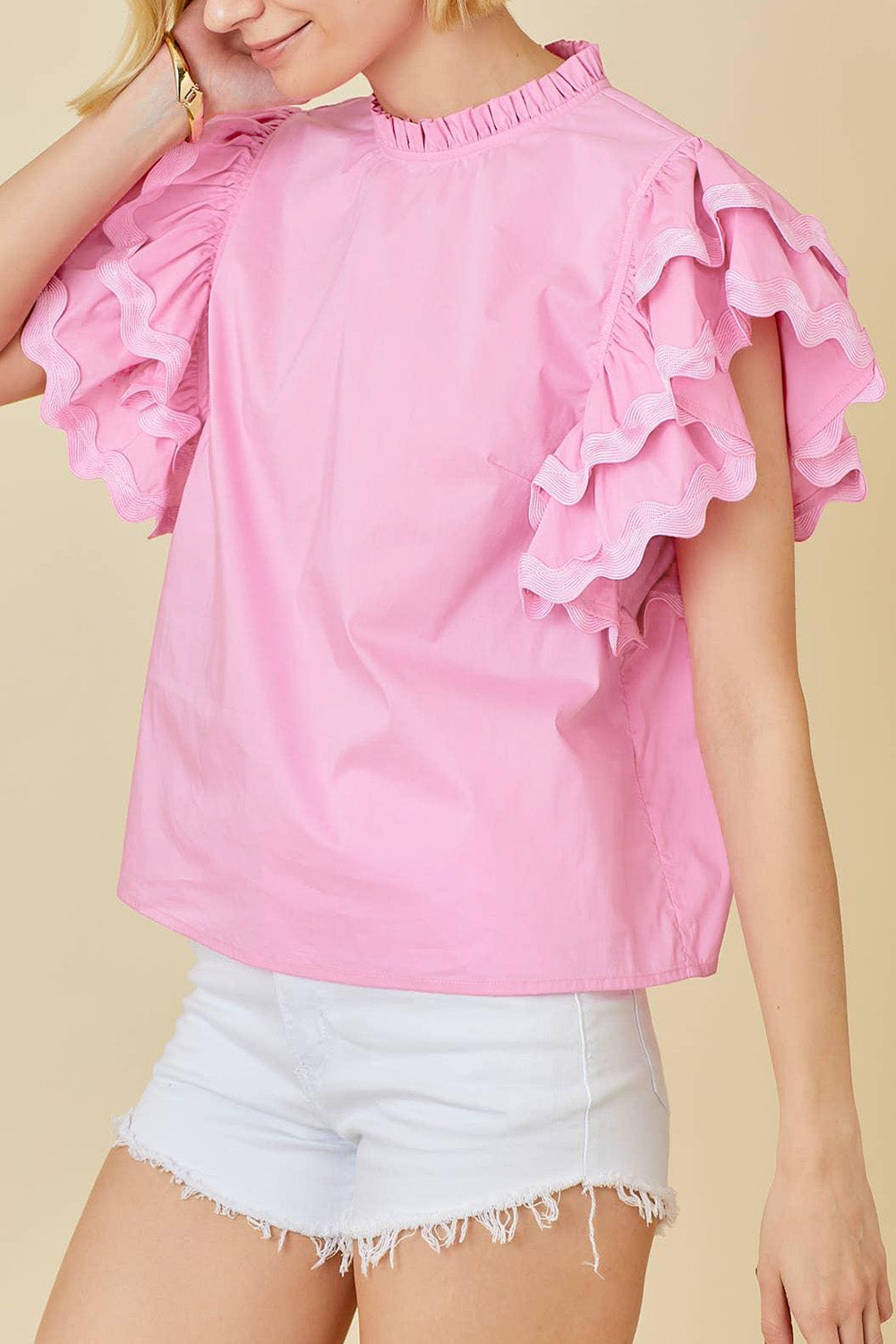 Bonbon Ricrac Ruffled Sleeve Frilled Collar Blouse-Tops/Blouses & Shirts-[Adult]-[Female]-Bonbon-S-2022 Online Blue Zone Planet