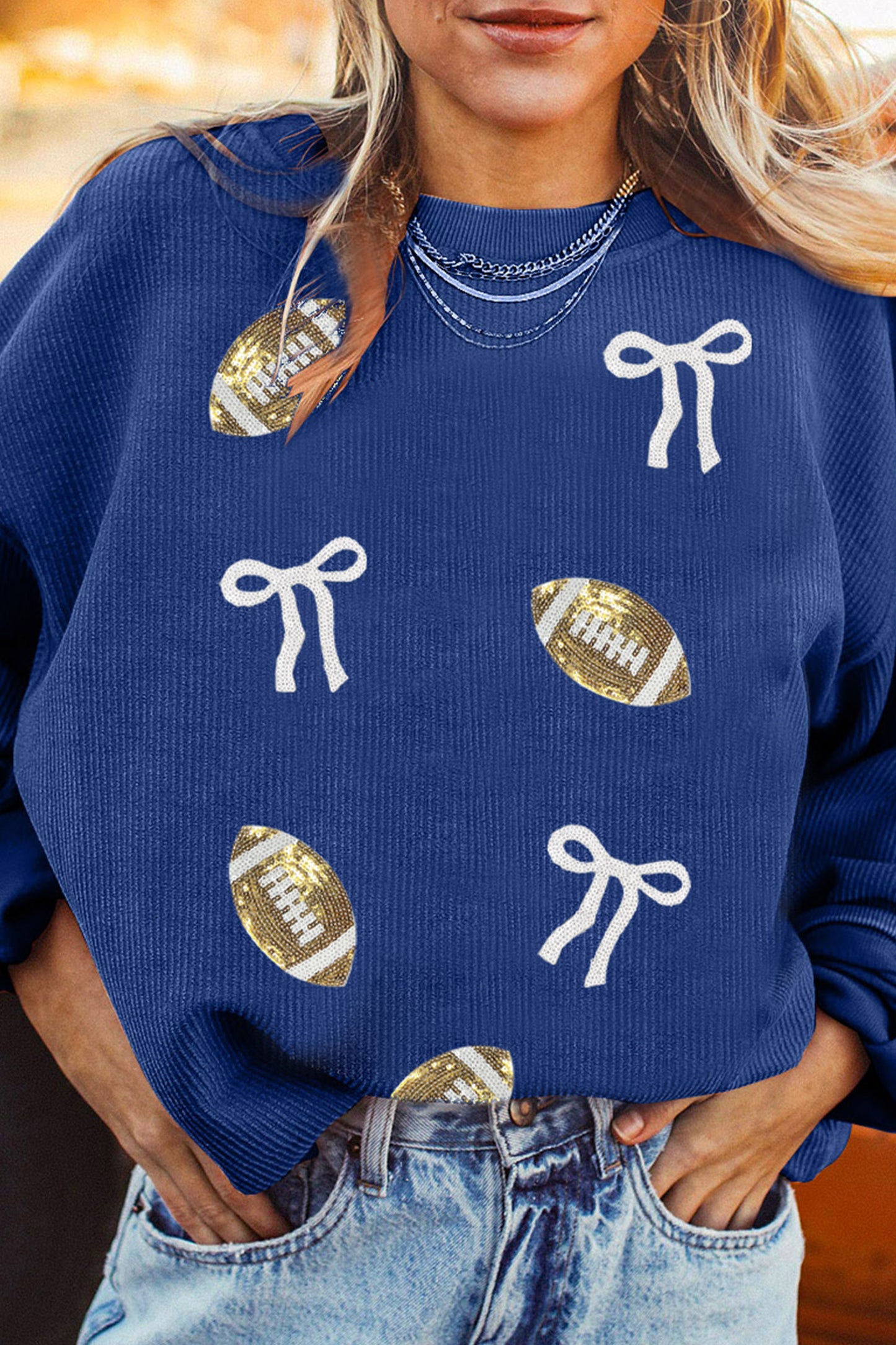 Dark Blue Corded Rib Sequin Rugby Bow Graphic Dropped Shoulder Sweatshirt-Graphic/Graphic Sweatshirts-[Adult]-[Female]-2022 Online Blue Zone Planet