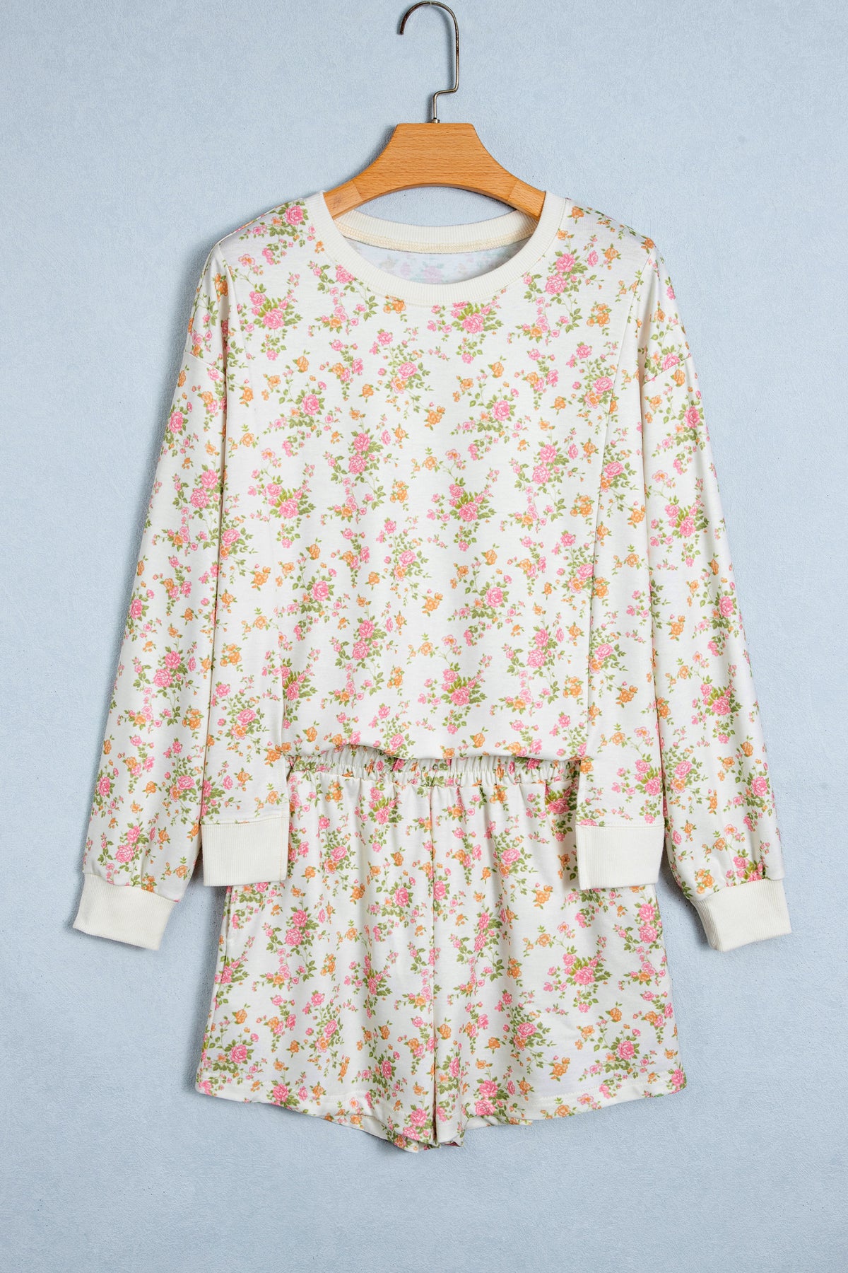 Beige Floral Print Long Sleeve Shift Top Pocketed Shorts 2pcs Set-Two Piece Sets/Short Sets-[Adult]-[Female]-2022 Online Blue Zone Planet
