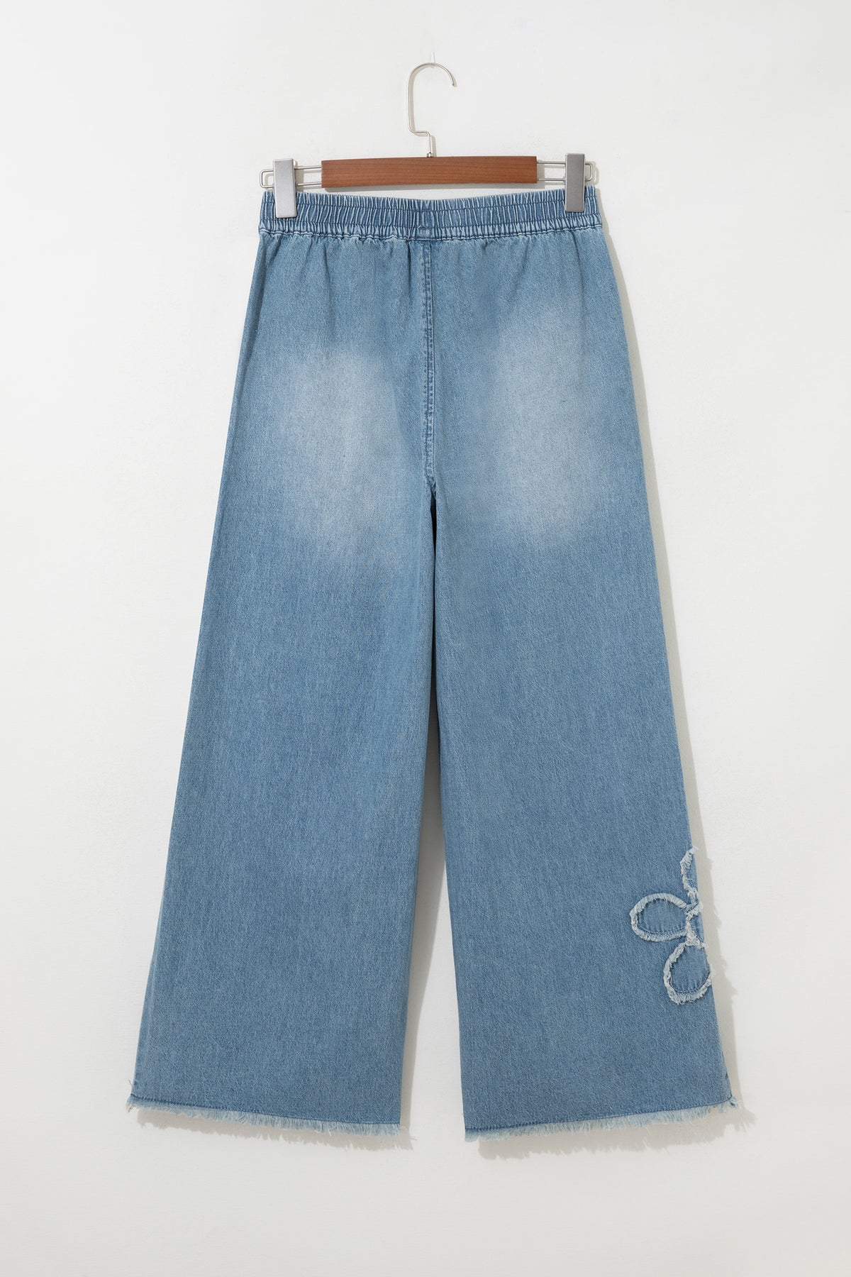 Beau Blue Frayed Floral Patch Wide Leg Raw Hem Wide Leg Jeans-Bottoms/Jeans-[Adult]-[Female]-2022 Online Blue Zone Planet