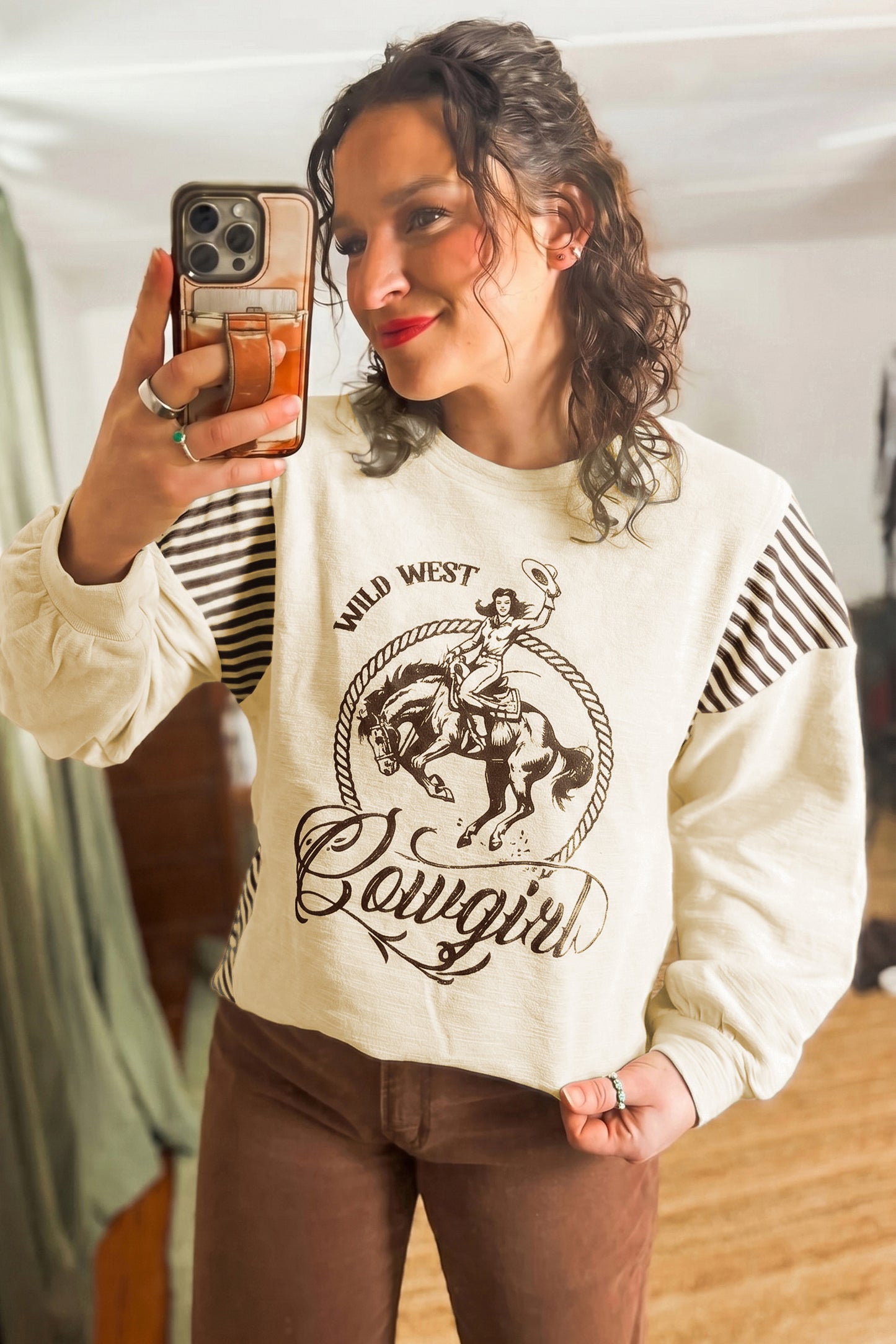 Jet Stream Western Print Striped Detail Long Sleeve Casual Top-Tops/Long Sleeve Tops-[Adult]-[Female]-2022 Online Blue Zone Planet