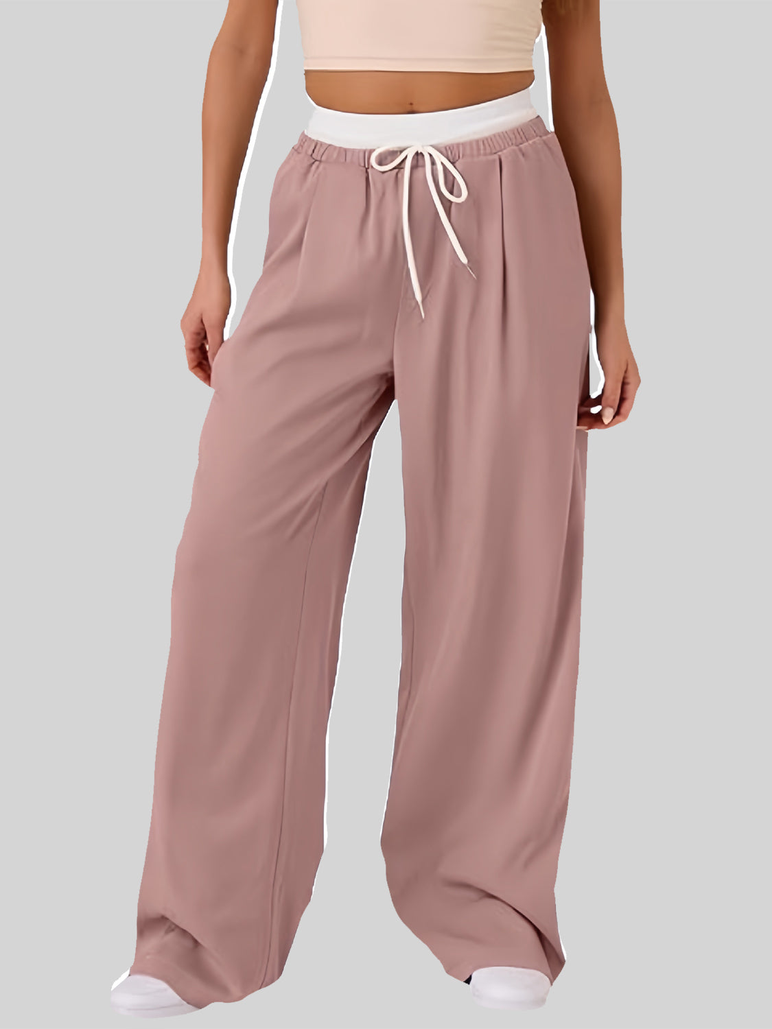 Contrast Waistband Drawstring Wide Leg Pants-BOTTOMS SIZES SMALL MEDIUM LARGE-[Adult]-[Female]-Dusty Pink-S-2022 Online Blue Zone Planet