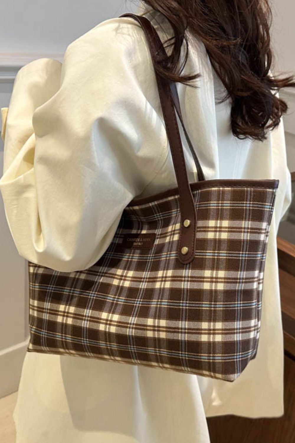 Plaid PU Leather Tote Bag-HANDBAGS-[Adult]-[Female]-2022 Online Blue Zone Planet