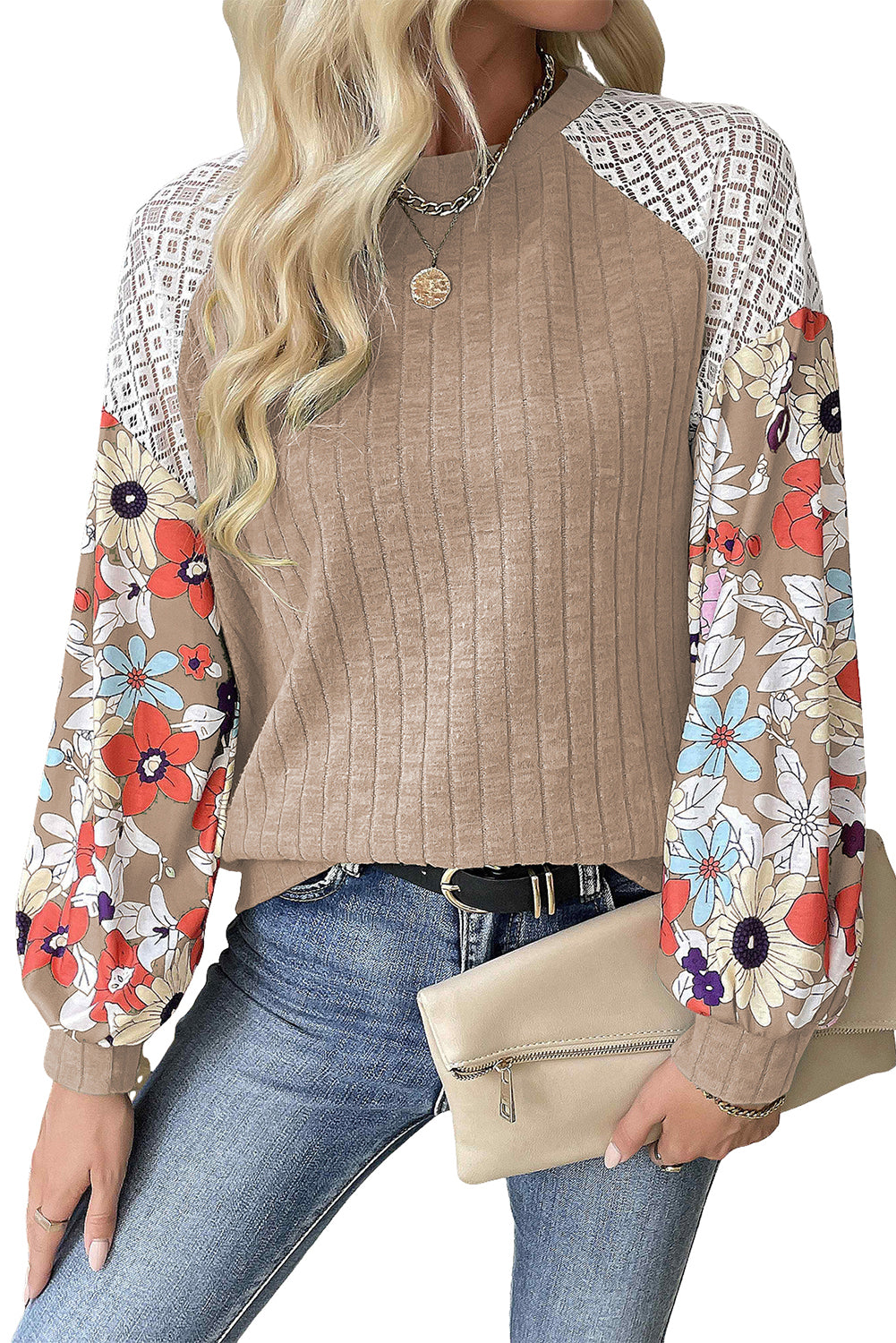 Blue Zone Planet | Laurel Green Floral Patchwork Long Sleeve Ribbed Blouse-Tops/Blouses & Shirts-[Adult]-[Female]-2022 Online Blue Zone Planet