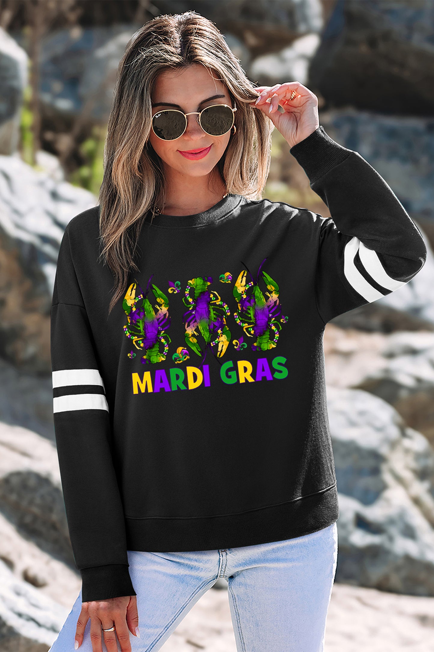 Black MARDI GRAS Crayfish Printed Varsity Striped Drop Shoulder Sweatshirt-Graphic Sweatshirts-[Adult]-[Female]-2022 Online Blue Zone Planet