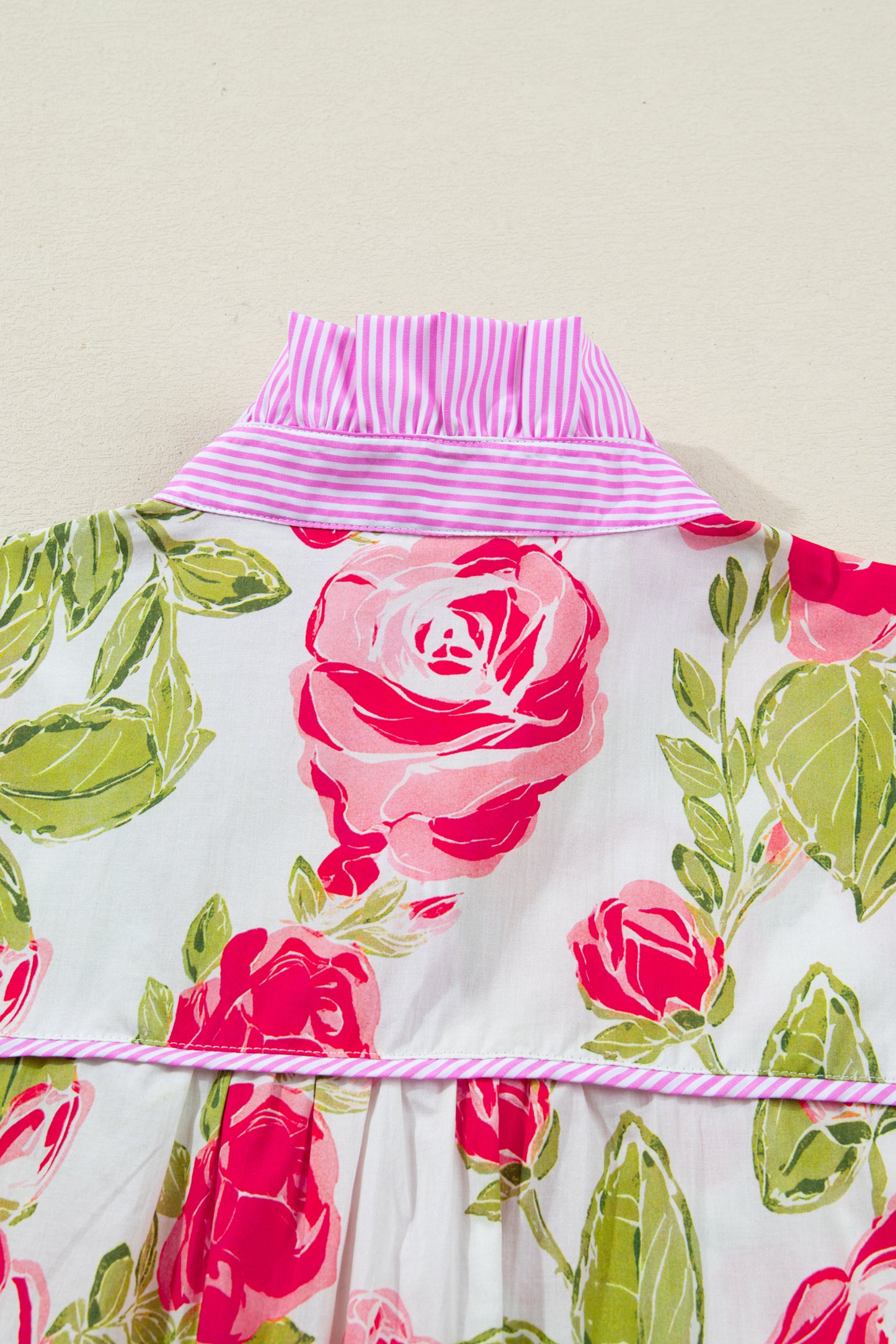 Pink Flower Print Striped Trim Frilled Collar Short Sleeve Shirt-Tops/Blouses & Shirts-[Adult]-[Female]-2022 Online Blue Zone Planet