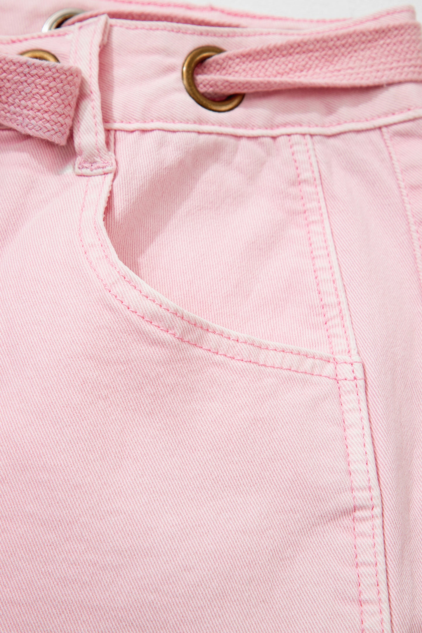 Light Pink Solid Color Grommet Detail Knot Waist Barrel Jeans