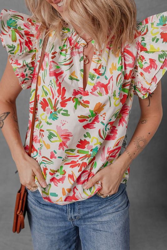 Multicolour Allover Floral Printed Flutter Sleeve Split Neck Blouse-Tops/Blouses & Shirts-[Adult]-[Female]-Multicolour-S-2022 Online Blue Zone Planet