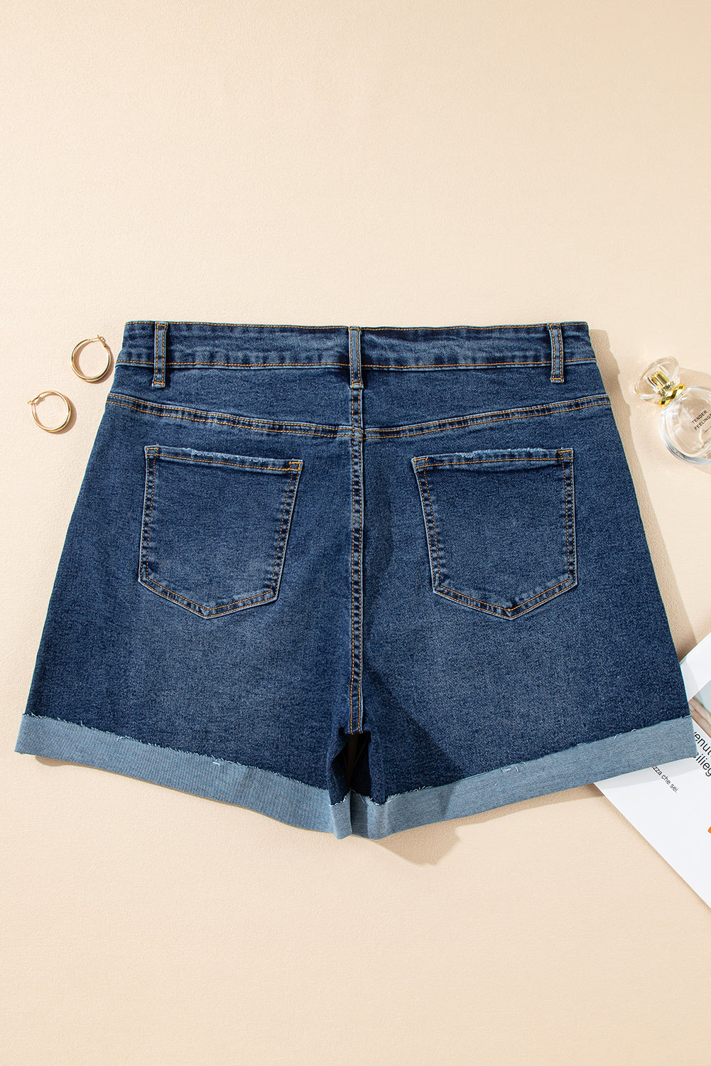 Sail Blue Folded Edge High Waist Plus Size Denim Shorts-Plus Size/Plus Size Bottoms-[Adult]-[Female]-2022 Online Blue Zone Planet