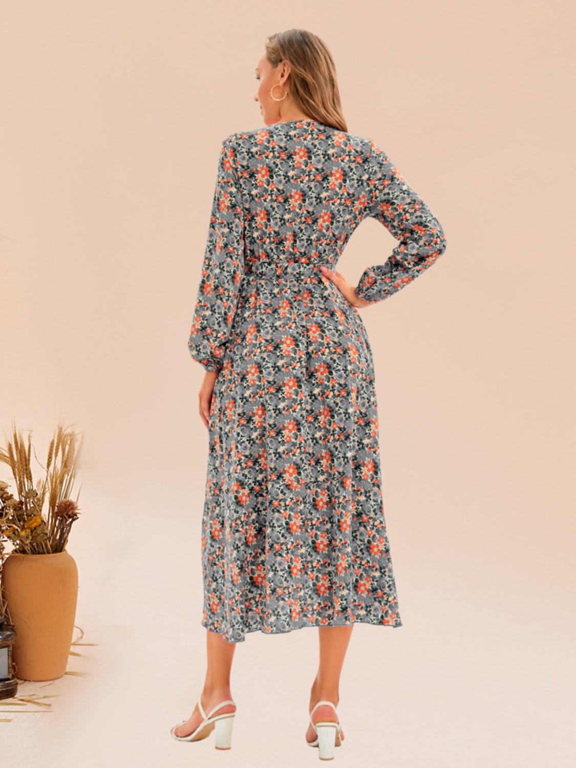 Full Size Printed Surplice Long Sleeve Dress BLUE ZONE PLANET