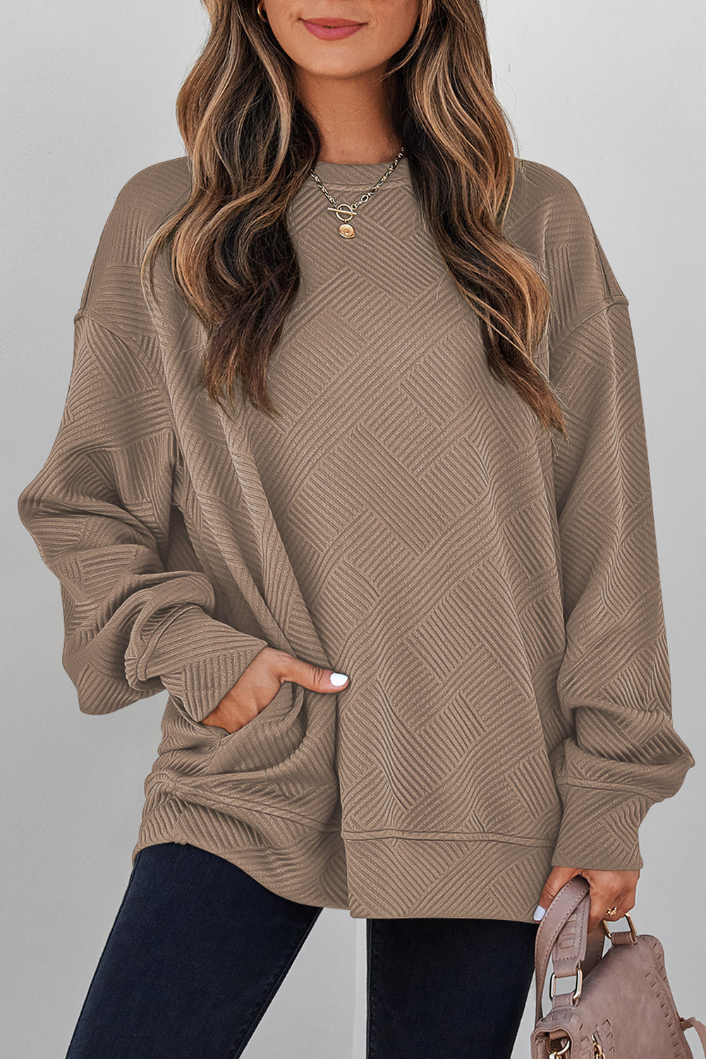 Parchment Solid Color Textured Round Neck Drop Shoulder Pullover Sweatshirt