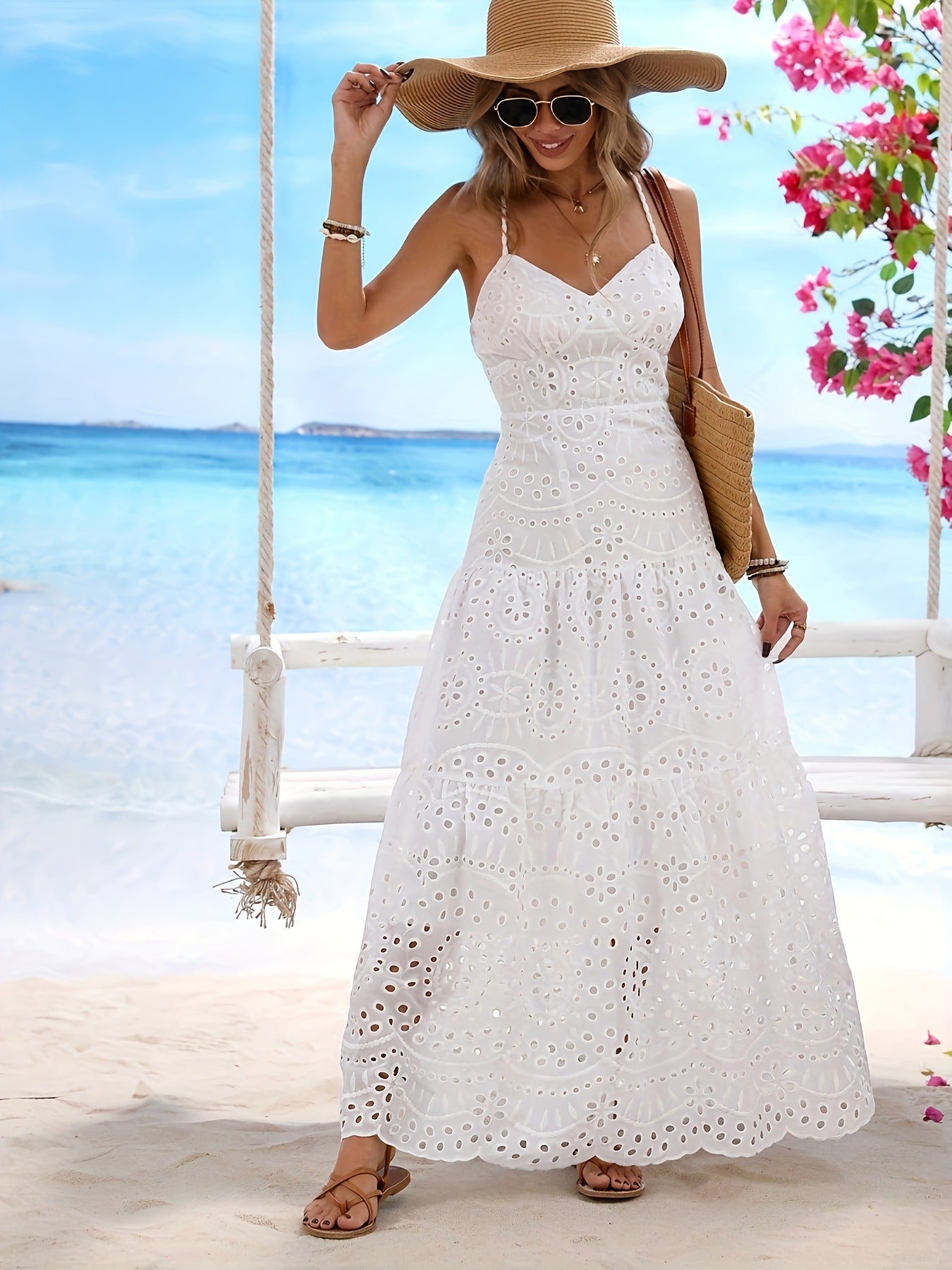 Santorini Breeze Jacquard Embroidered Eyelet Maxi Dress White / L