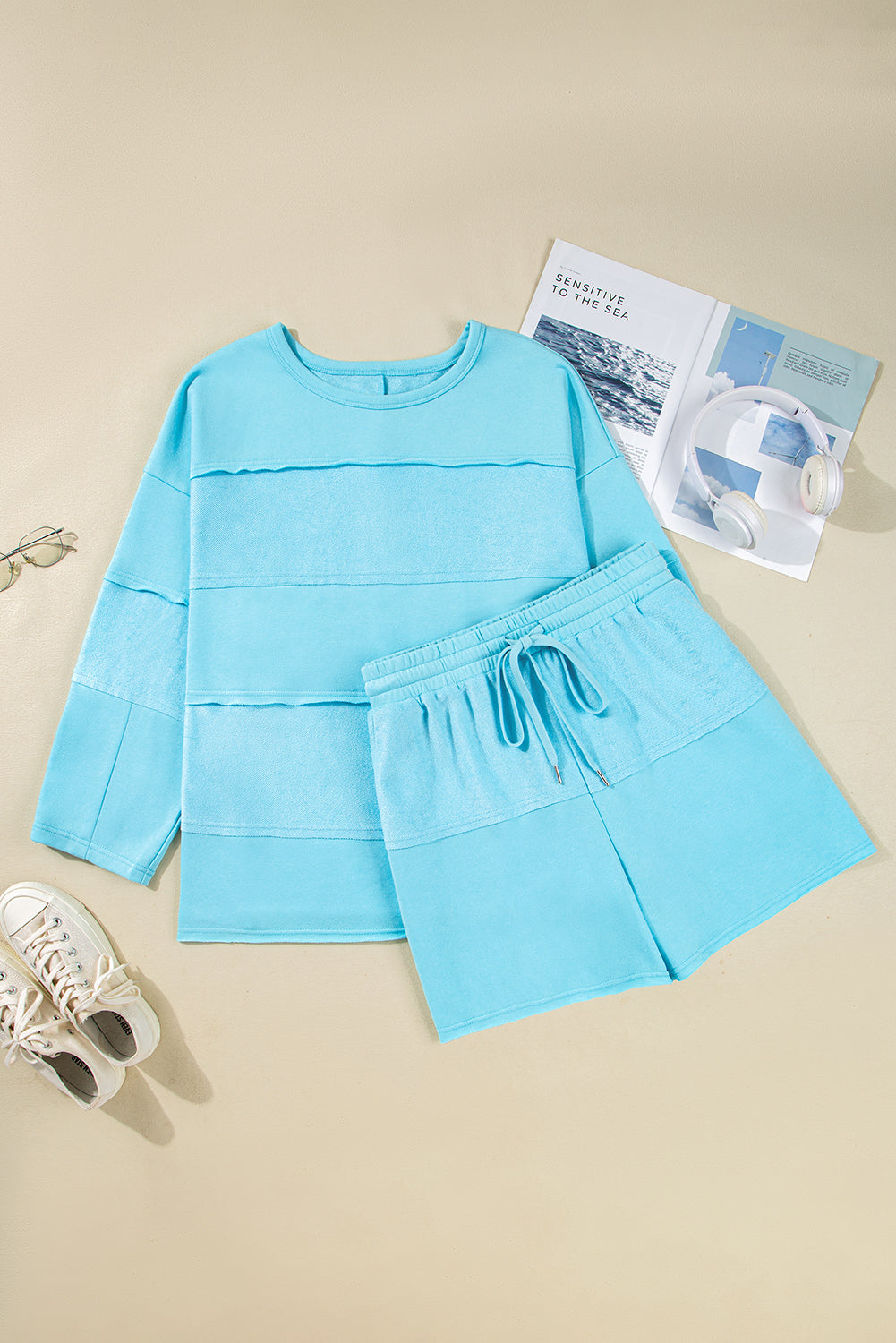 Aruba Blue Plus Size Solid Color Splicing Raw Hem Pullover Top Shorts Set-Plus Size/Plus Size Loungewear-[Adult]-[Female]-Aruba Blue-1X-2022 Online Blue Zone Planet