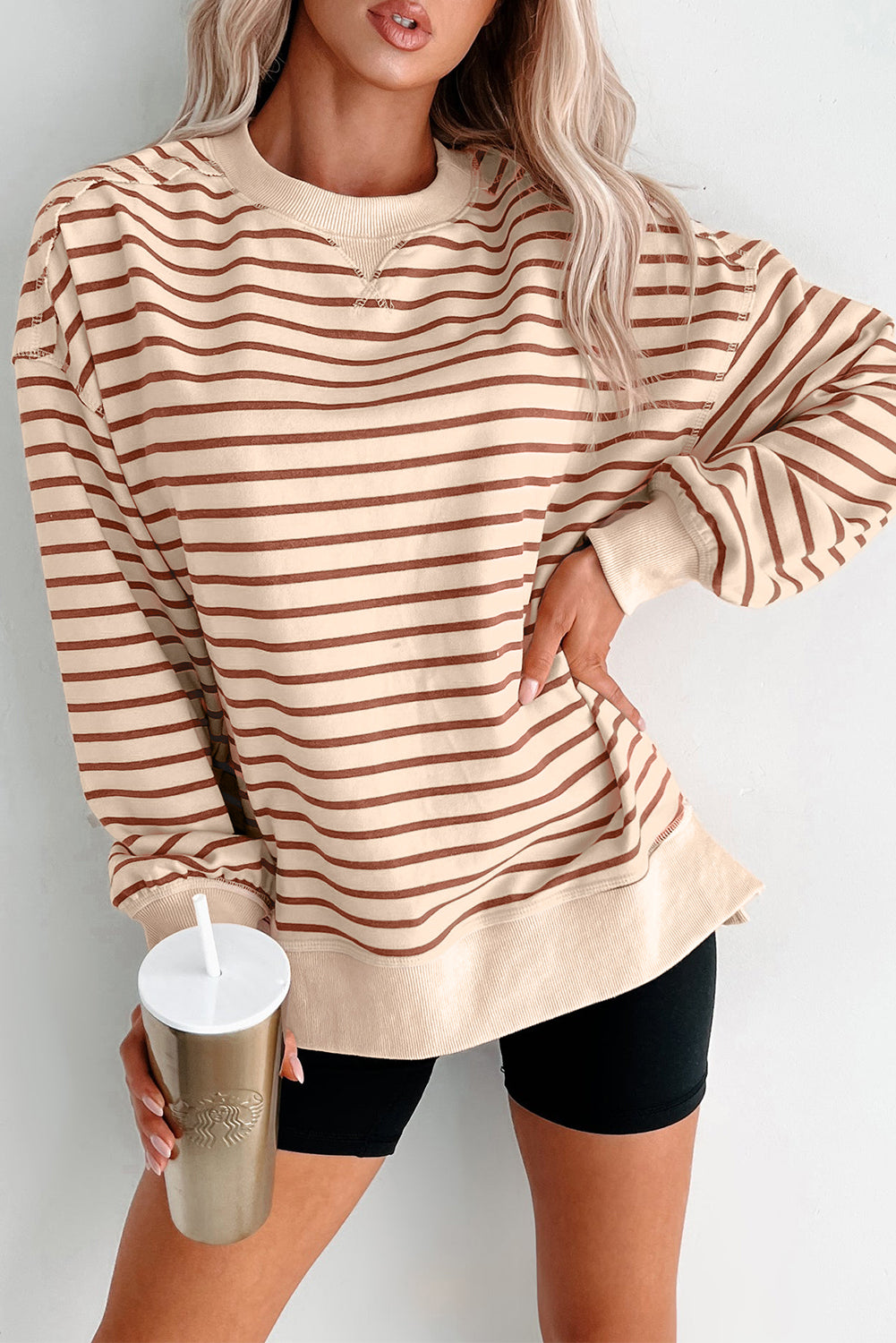 Khaki Stripe Ribbed Band Seam Detail Baggy Sweatshirt-Tops/Sweatshirts & Hoodies-[Adult]-[Female]-Khaki Stripe-S-2022 Online Blue Zone Planet
