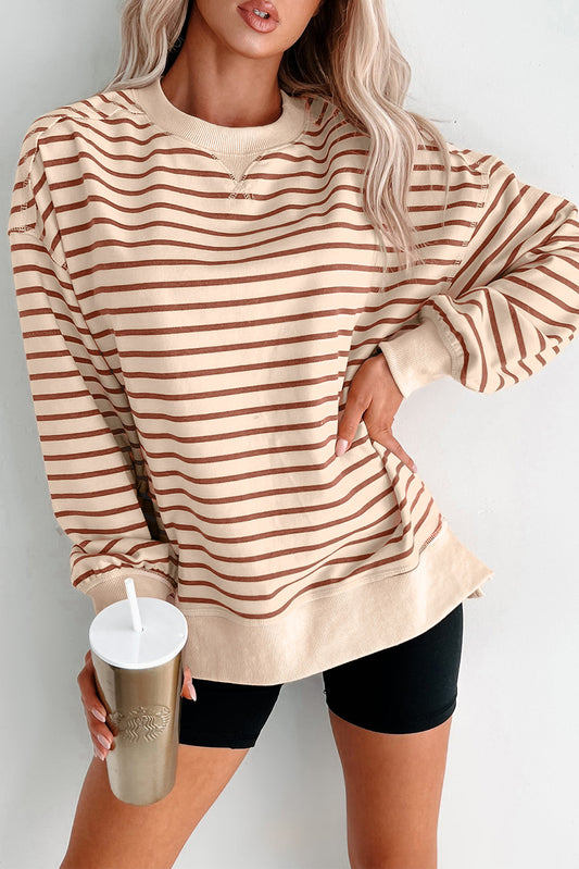 Khaki Stripe Ribbed Band Seam Detail Baggy Sweatshirt-Tops/Sweatshirts & Hoodies-[Adult]-[Female]-Khaki Stripe-S-2022 Online Blue Zone Planet