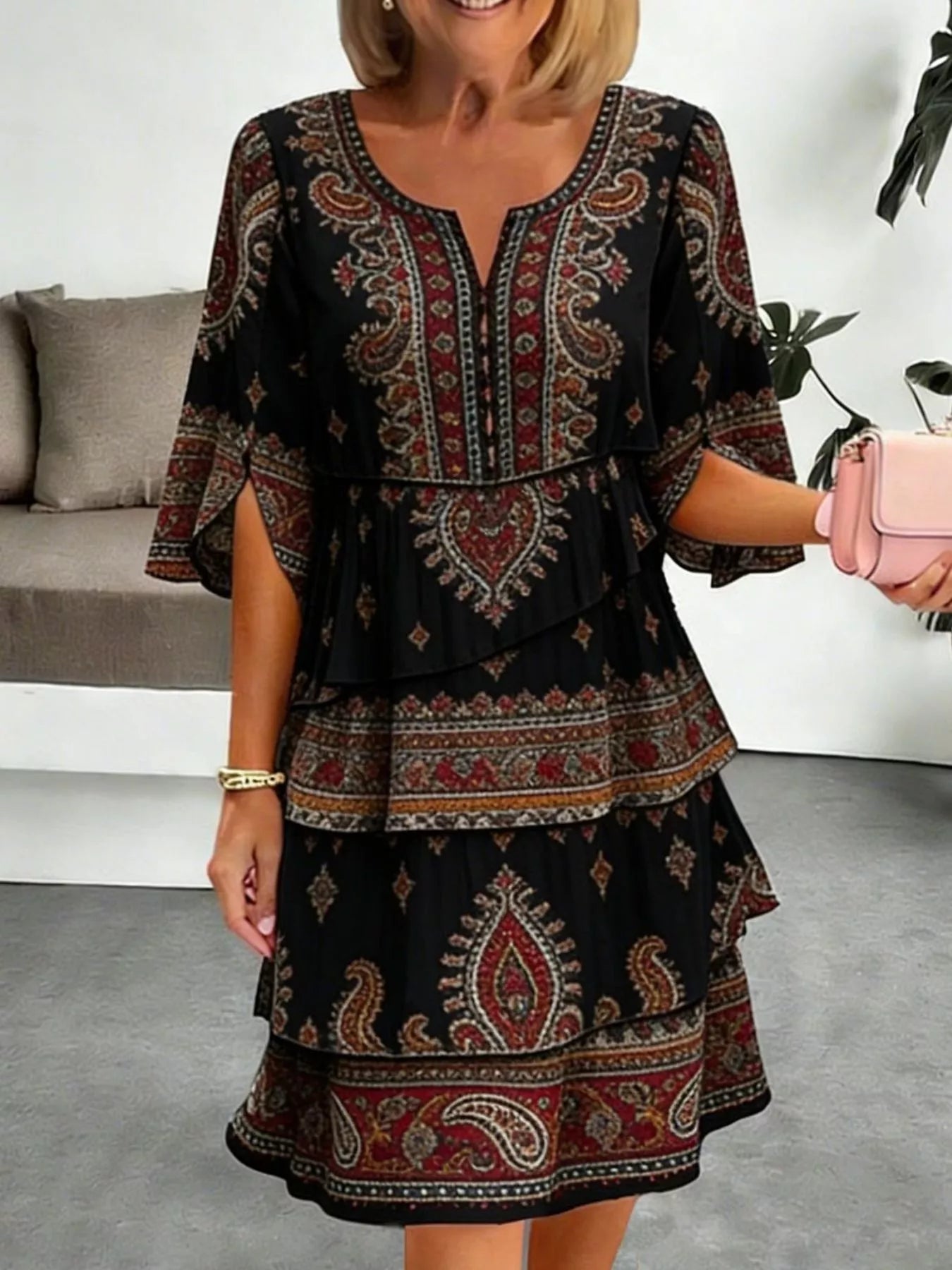 ruffle mini dress plus size Full Size Paisley Print Layered Ruffle Mini Dress Plus Size – Blue Zone  Planet
