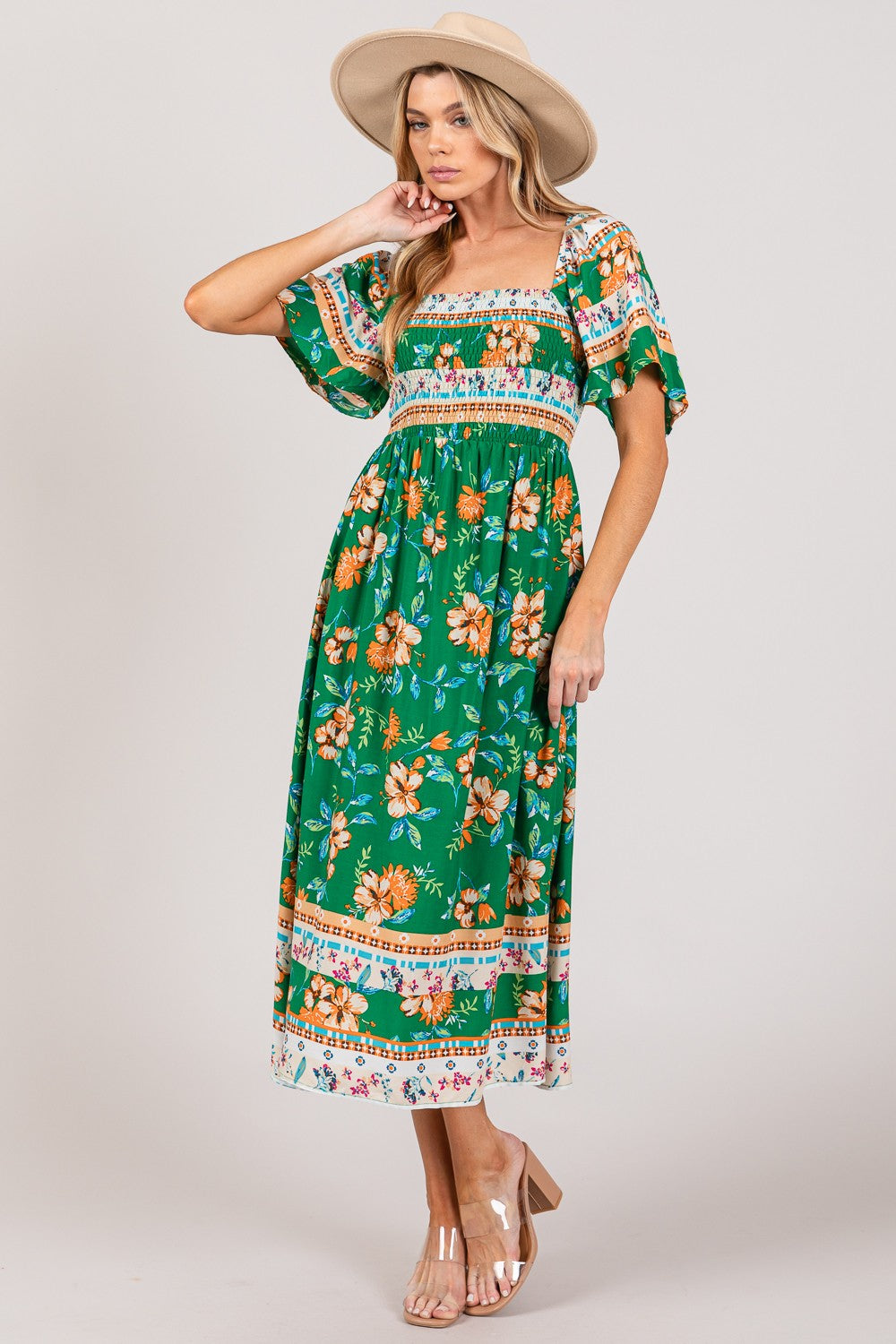 SAGE + FIG Printed Smocked Short Sleeve Midi Dress-TOPS / DRESSES-[Adult]-[Female]-2022 Online Blue Zone Planet