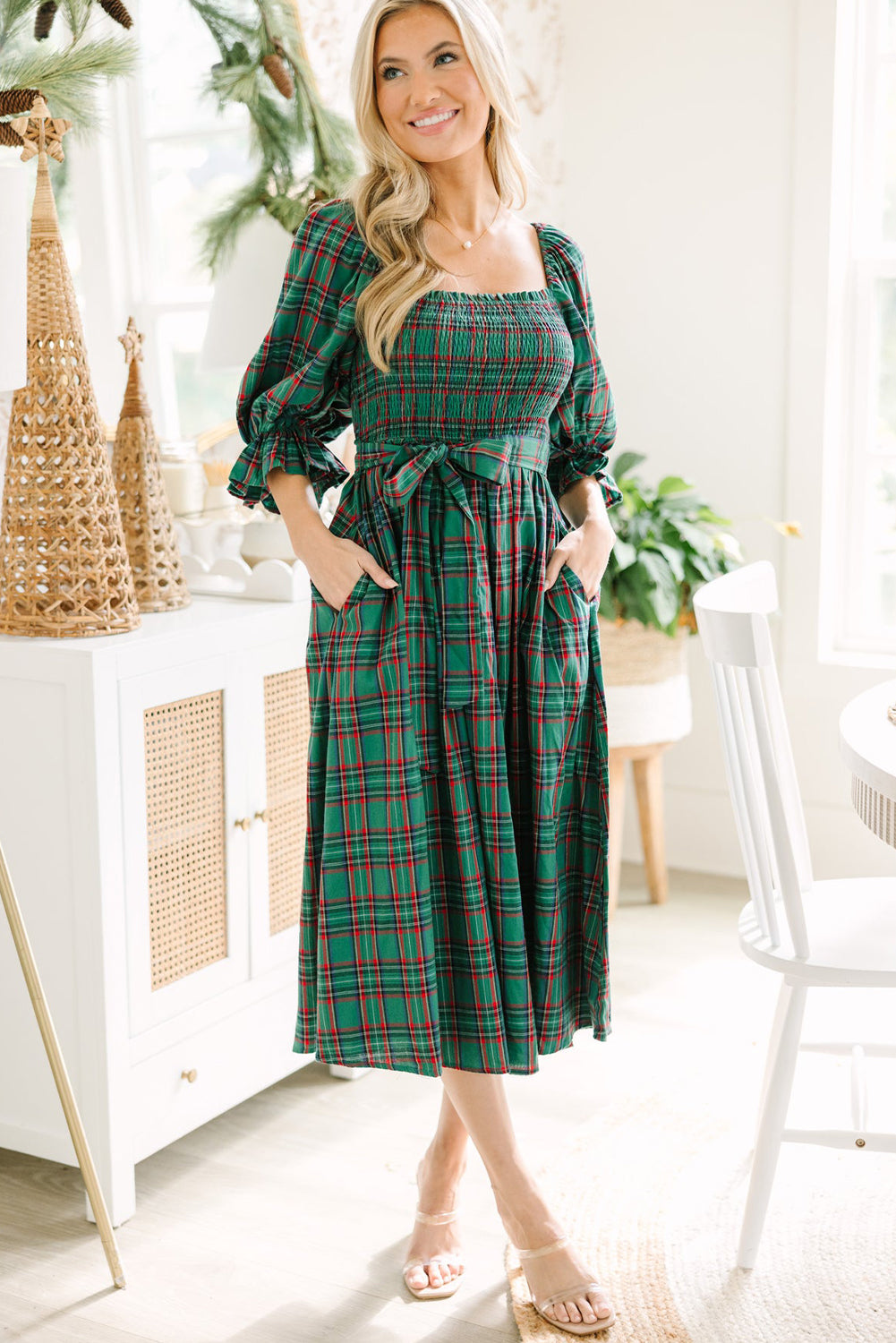 Green Tartan Plaid Square Neck Puff Sleeve Knot Waist Flared Midi Dress-TOPS / DRESSES-[Adult]-[Female]-2022 Online Blue Zone Planet
