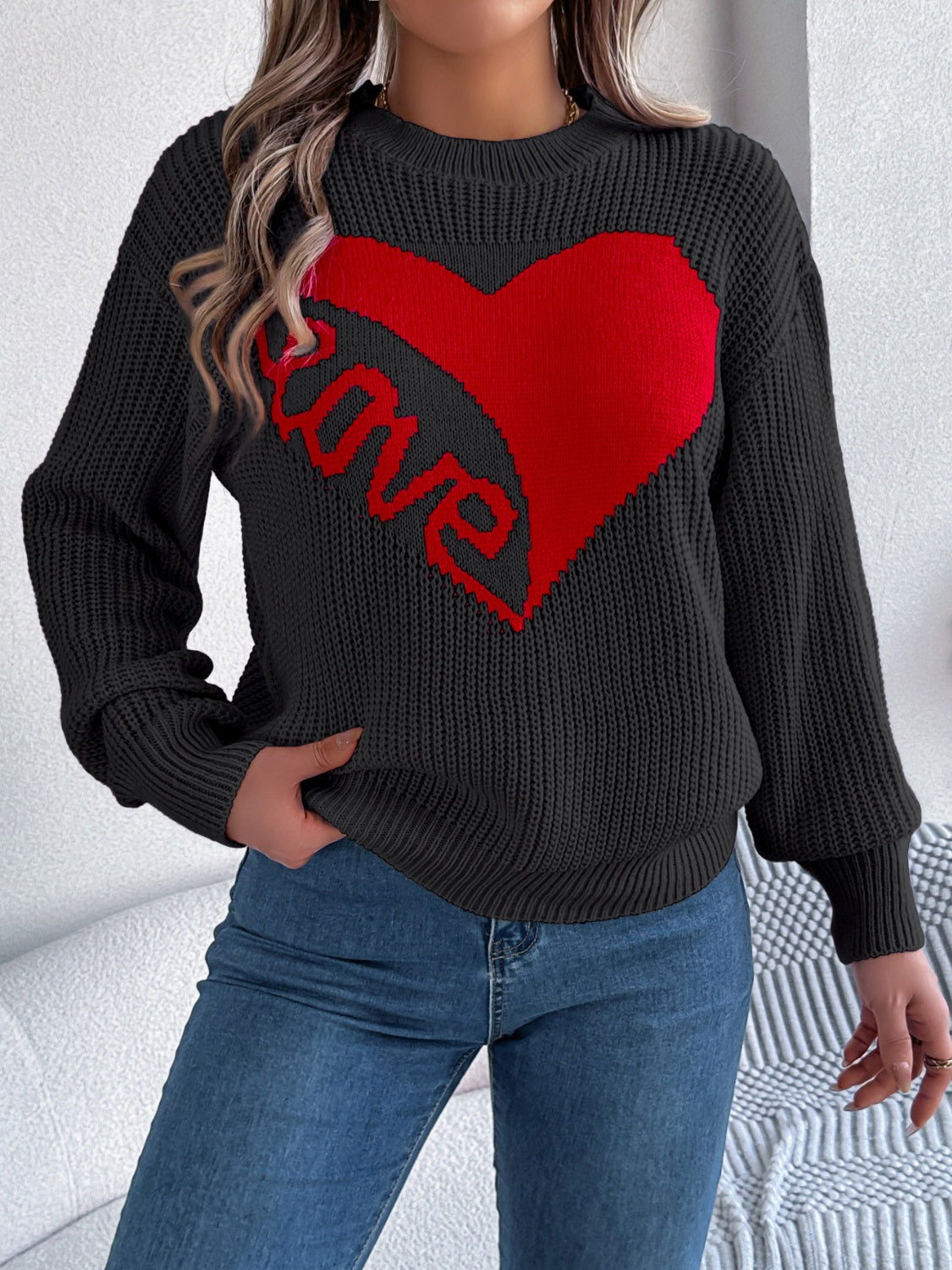 Blue Zone Planet | LOVE Heart Round Neck Dropped Shoulder Sweater-TOPS / DRESSES-[Adult]-[Female]-2022 Online Blue Zone Planet