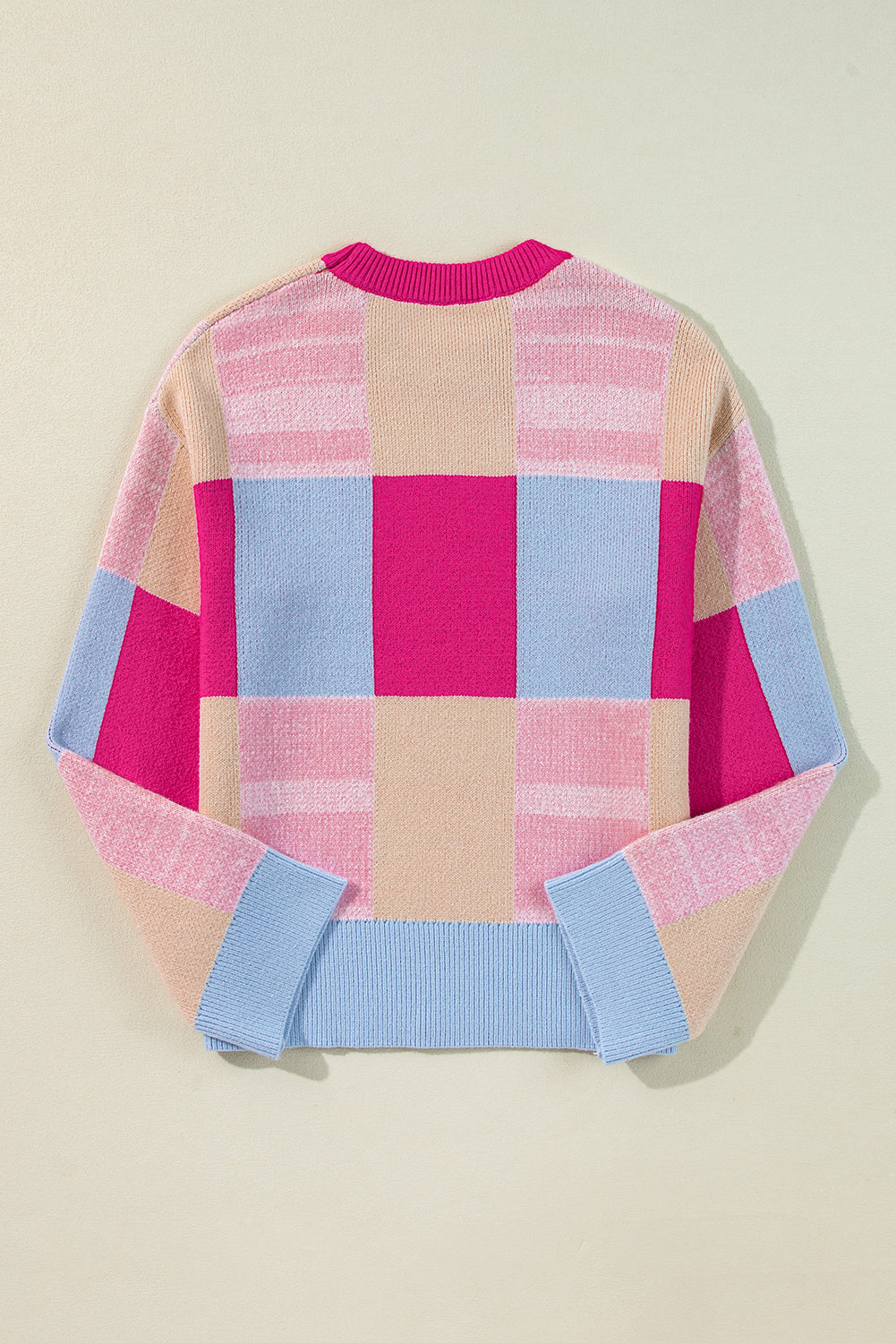 Blue Zone Planet | Rose Red Color Block Drop Shoulder Crewneck Loose Fit Sweater-Sweaters & Cardigans/Sweaters-[Adult]-[Female]-2022 Online Blue Zone Planet