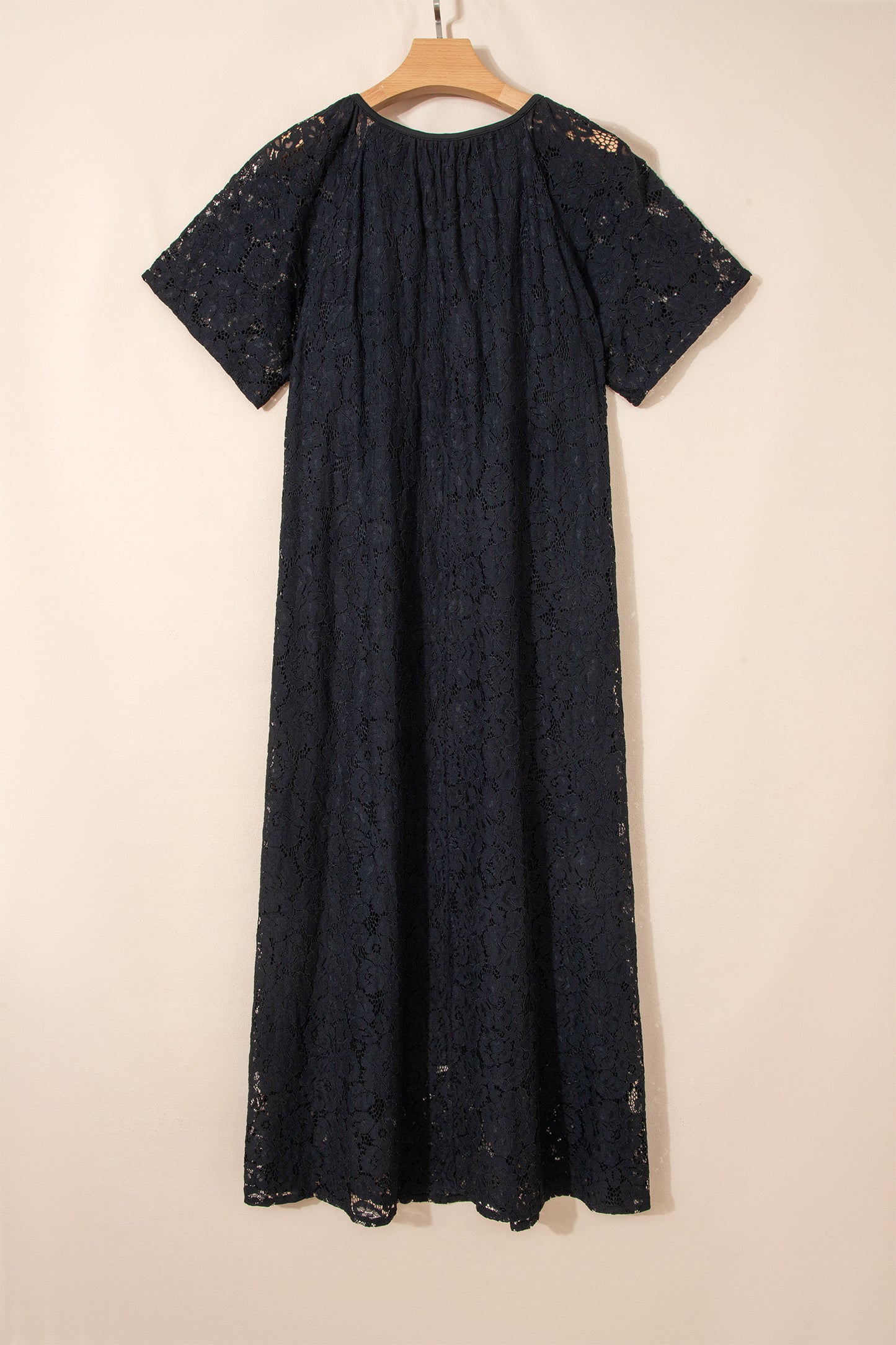 Black Floral Lace Overlay Tassel Tie Short Sleeve Beach Vacation Loose Maxi Dress-TOPS / DRESSES-[Adult]-[Female]-2022 Online Blue Zone Planet