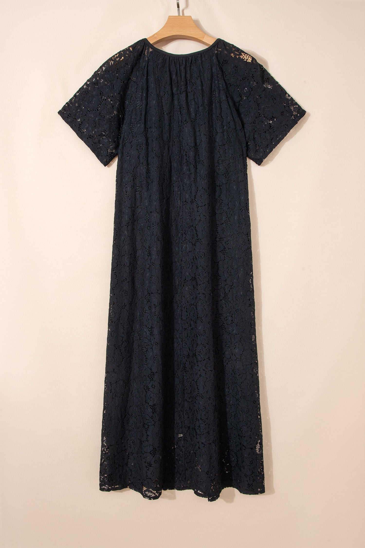 Black Floral Lace Overlay Tassel Tie Short Sleeve Beach Vacation Loose Maxi Dress-TOPS / DRESSES-[Adult]-[Female]-2022 Online Blue Zone Planet